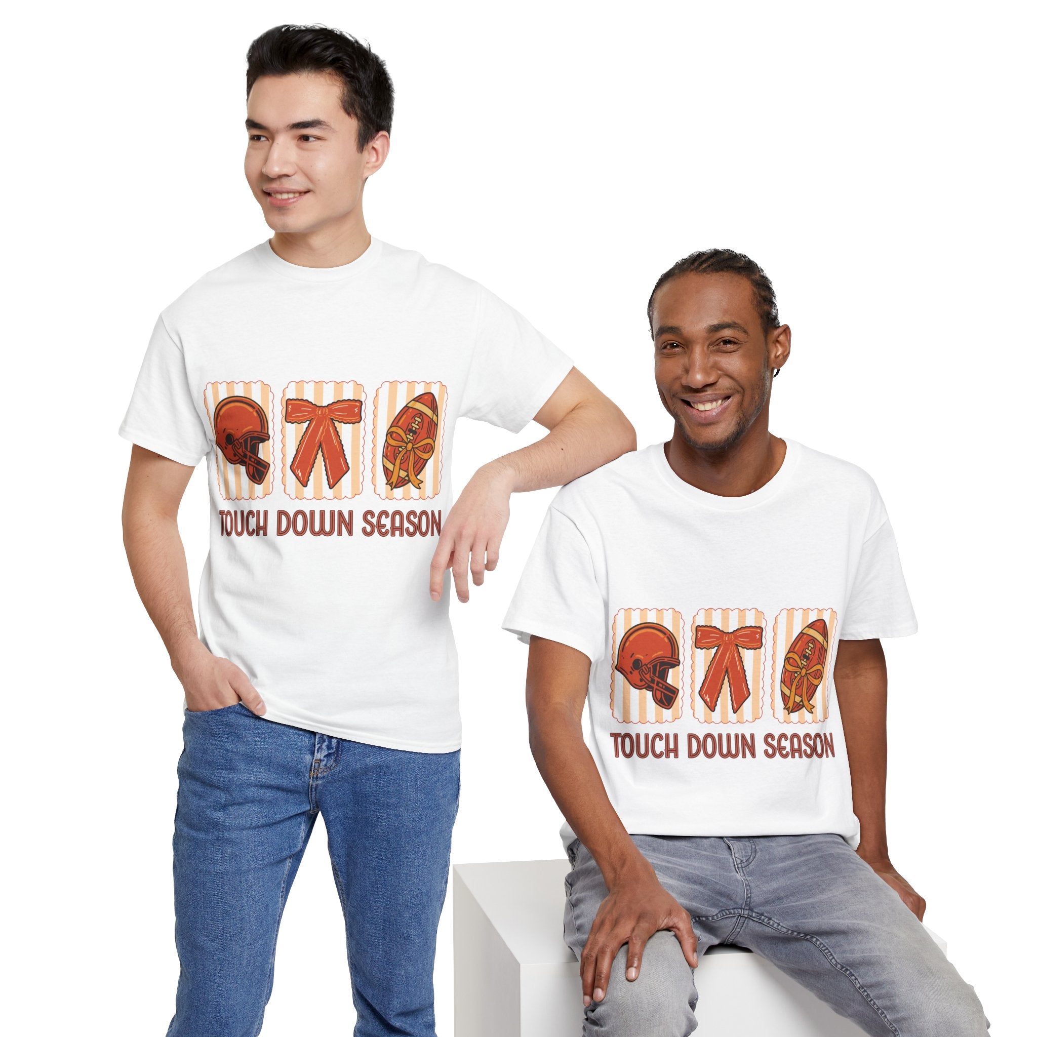 Touch Down Season Football Tee — Striped Fall Helmet & Bow Design Unisex Cotton Tee