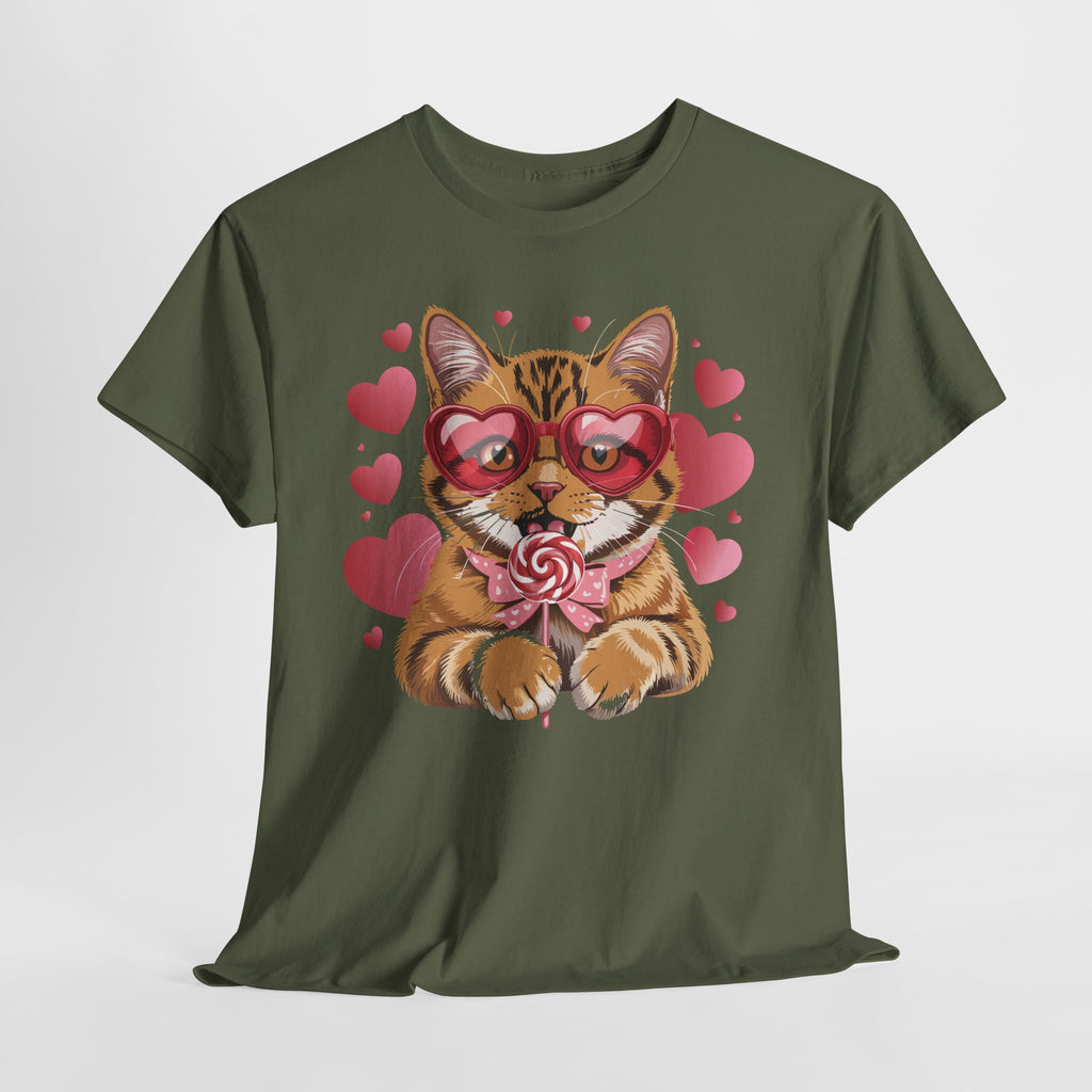 Valentine Cat Tee — Heart Glasses, Lollipop Bow Unisex Cotton Tee