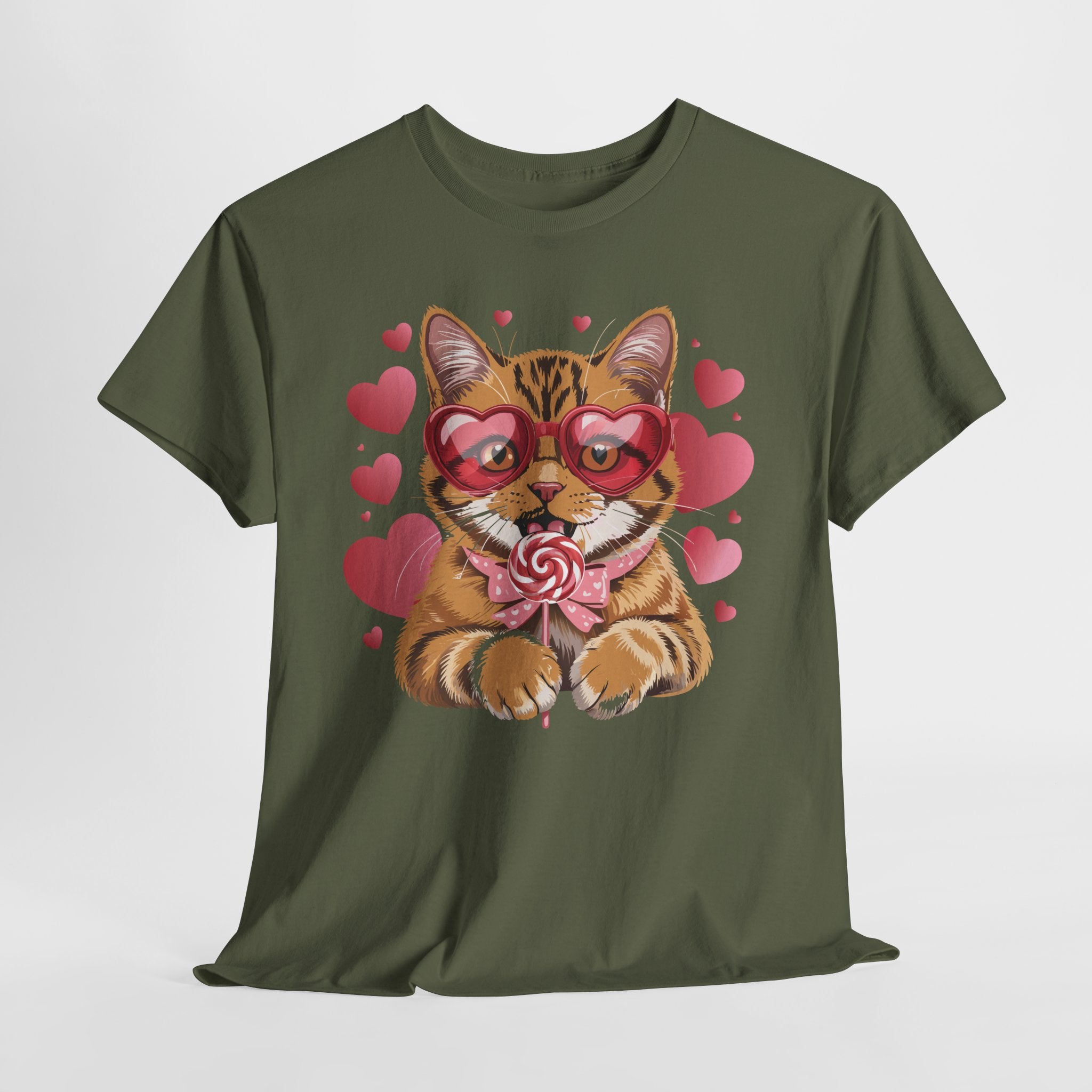 Valentine Cat Tee — Heart Glasses, Lollipop Bow Unisex Cotton Tee