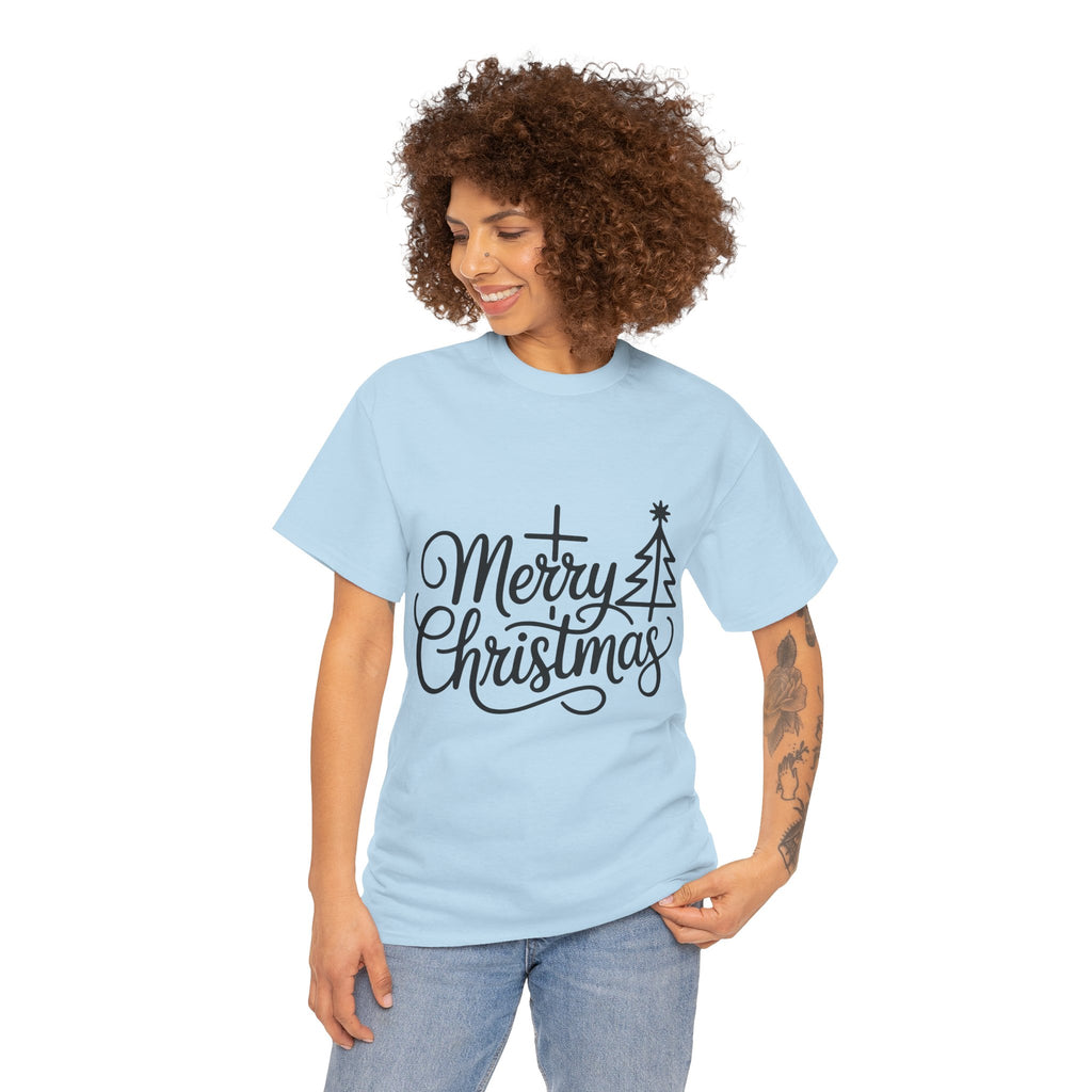 Merry Christmas Script T-Shirt with Cross & Tree(Unisex Cotton Tee)