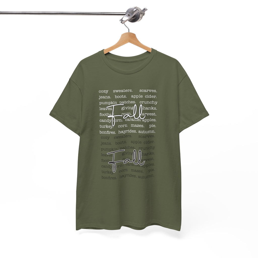 Fall Cursive Typography T-Shirt — Sweaters, Cider & Pumpkins. Unisex Cotton Tee