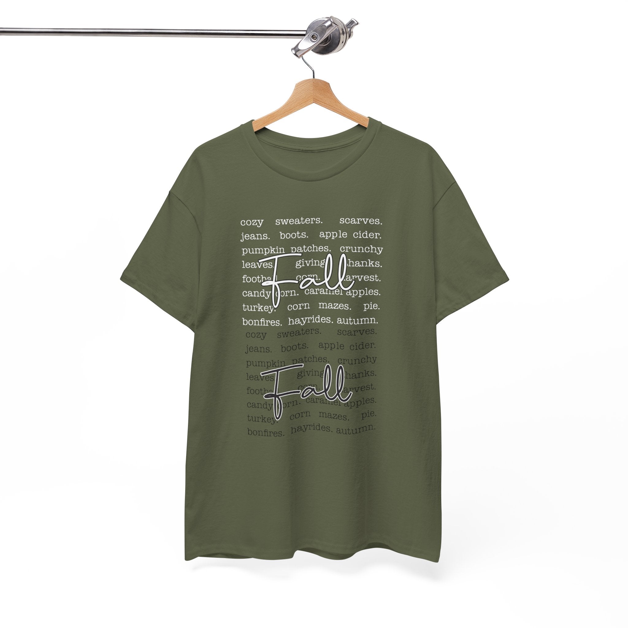 Fall Cursive Typography T-Shirt — Sweaters, Cider & Pumpkins. Unisex Cotton Tee
