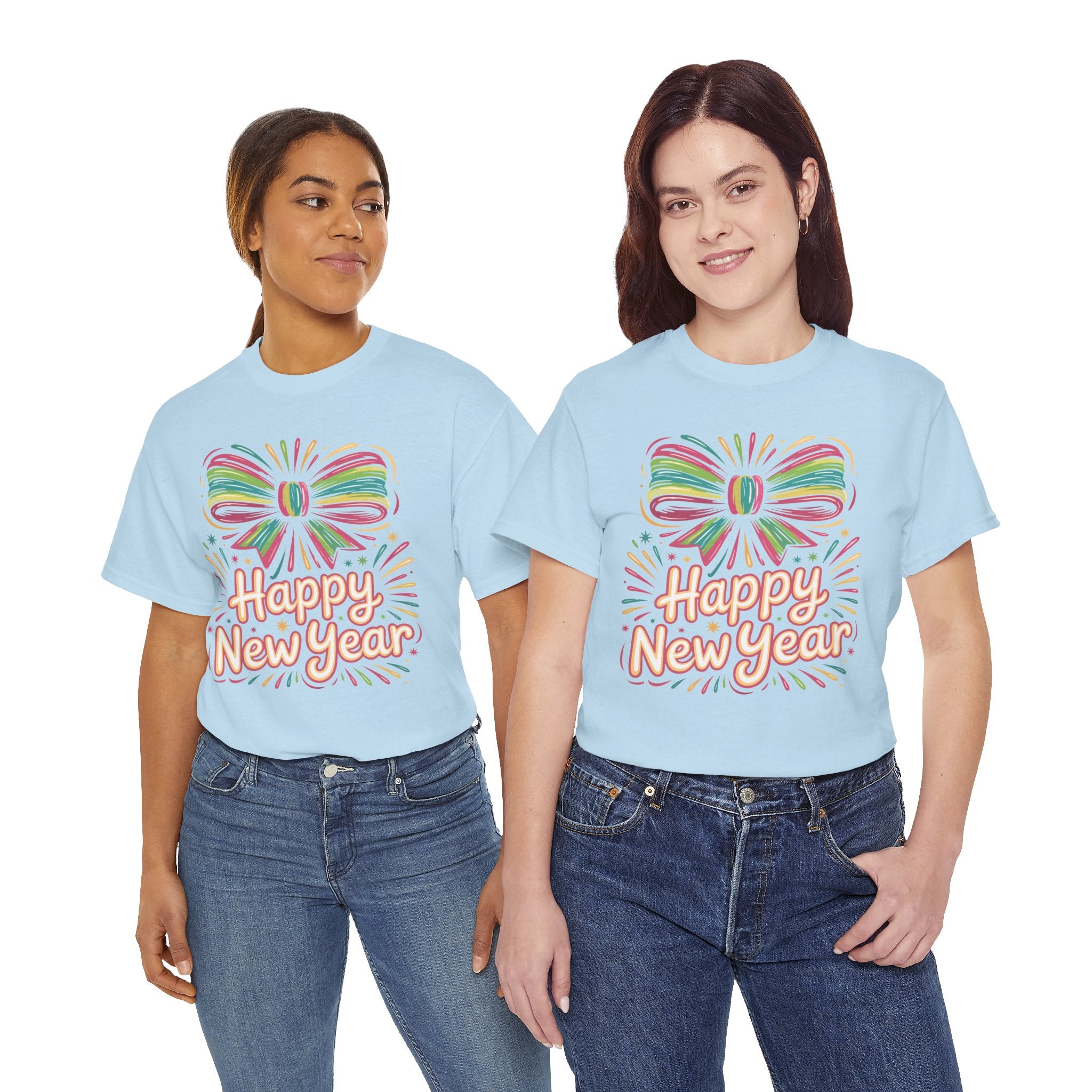 Happy New Year Pastel Tee — Rainbow Bow & Fireworks Celebration Unisex Cotton Tshirt