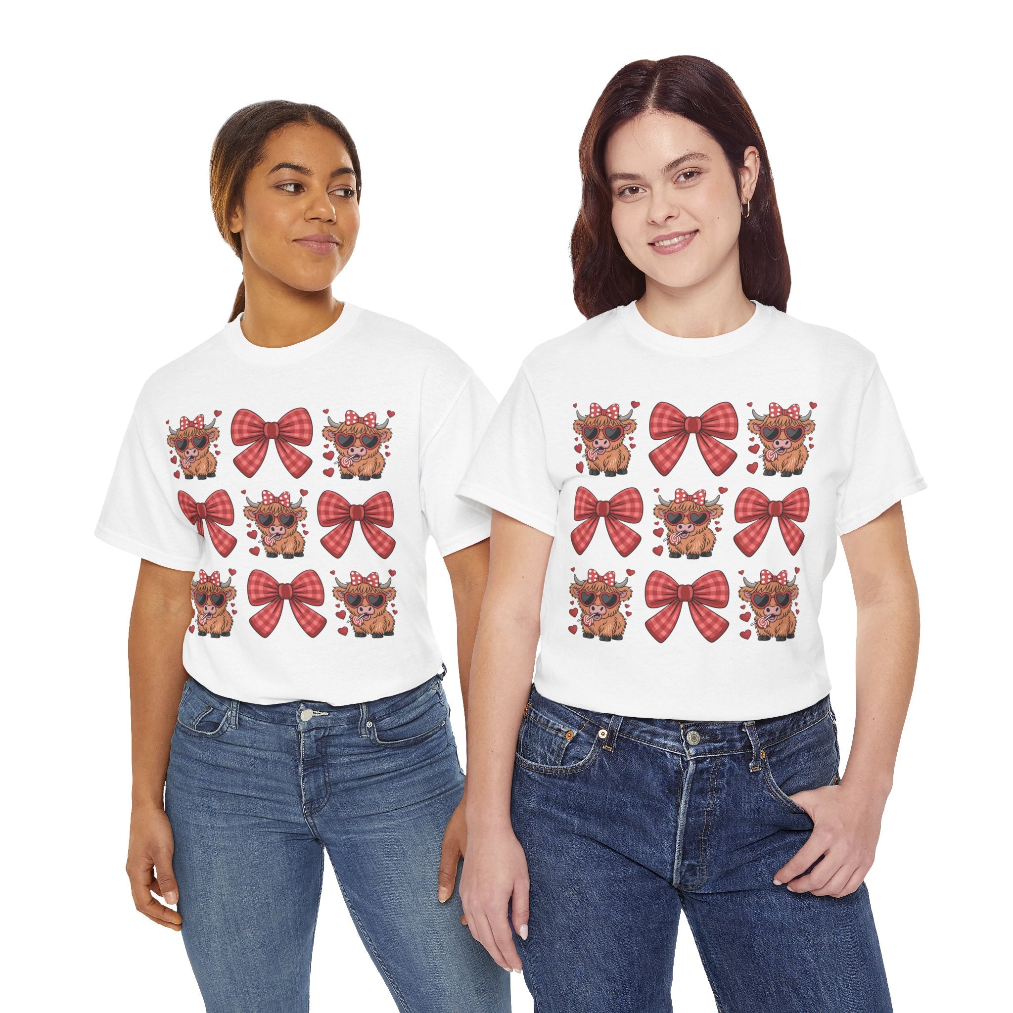 Valentine Cow Checkered Tee — Fluffy Cows with Heart Sunglasses & Red Bows..Unisex Cotton Tee