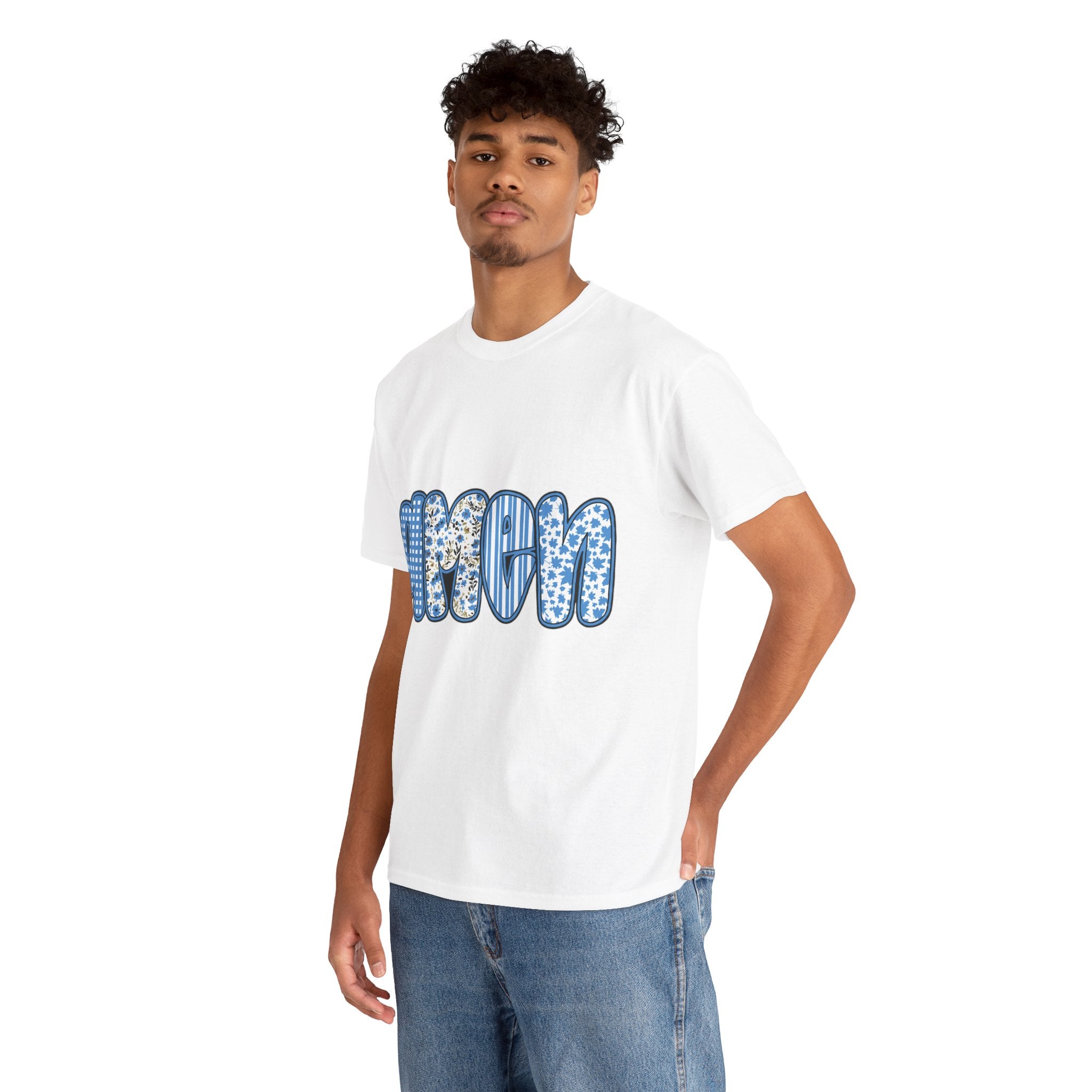 Amen Blue Floral Tee — Decorative Floral Lettering Christian Shirt Unisex Cotton Tee