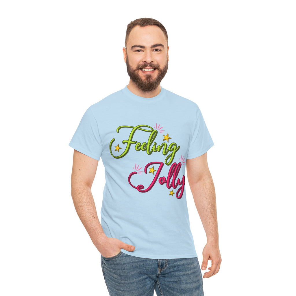 Feeling Jolly Tee — Festive Green & Pink Script with Yellow Stars Unisex Cotton Tee