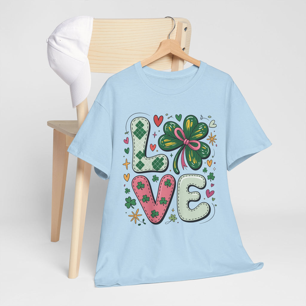 Stitched Clover 'LOVE' Tee — Heart & Patchwork St. Patrick's Unisex Cotton T-Shirt