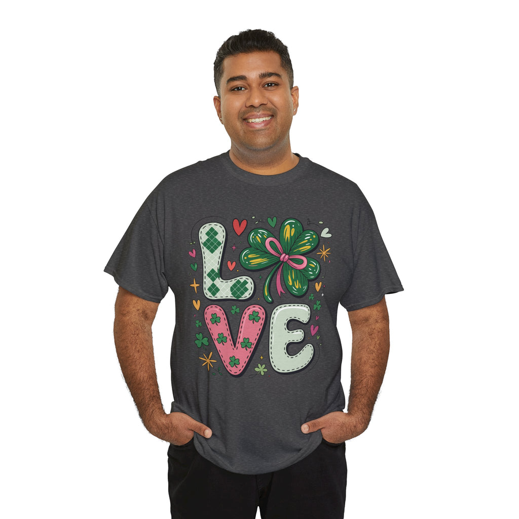 Stitched Clover 'LOVE' Tee — Heart & Patchwork St. Patrick's Unisex Cotton T-Shirt