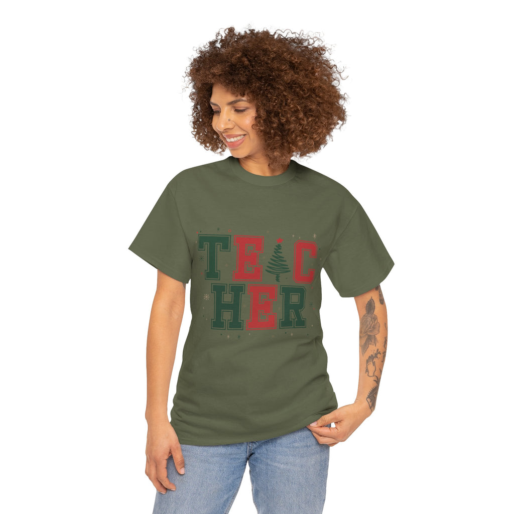Teacher Christmas Varsity T-Shirt — Red & Green Holiday Unisex Cotton Tee