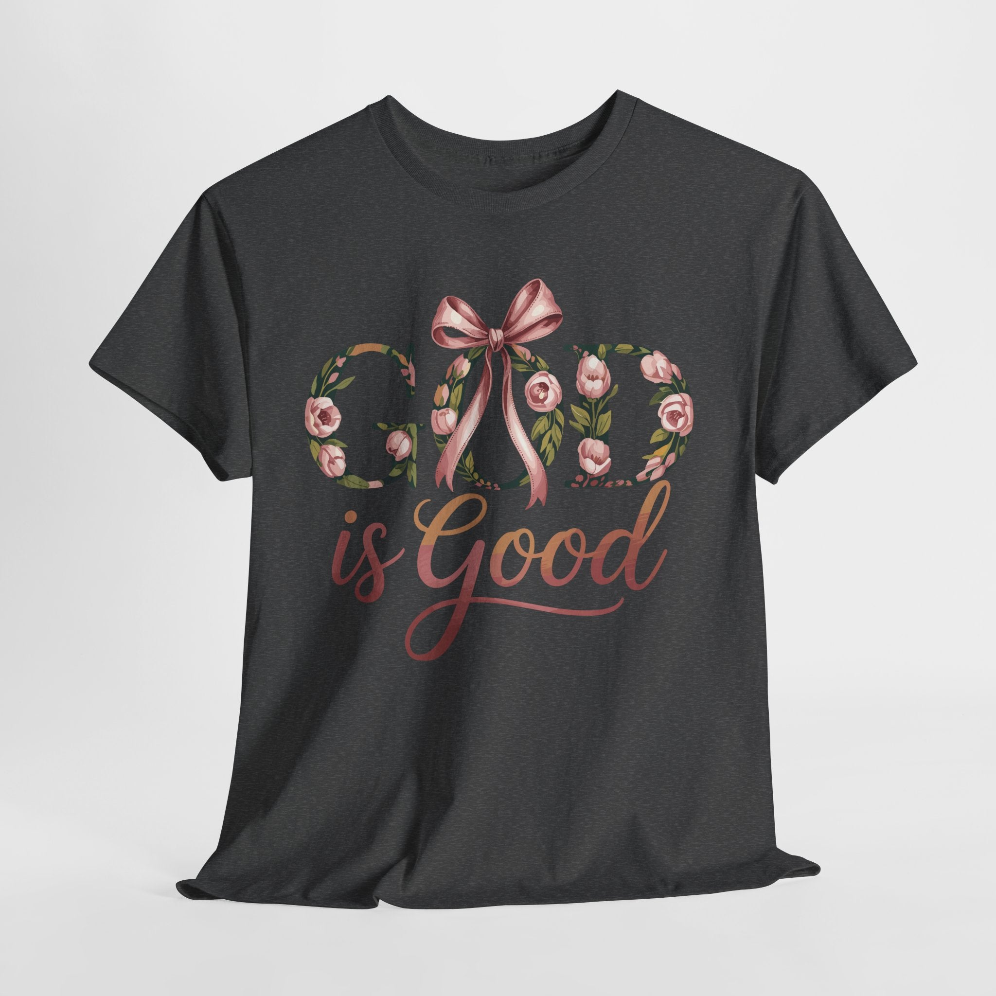 God Is Good Pink Rose Tee — Floral Ribbon Faith Unisex Cotton T-Shirt