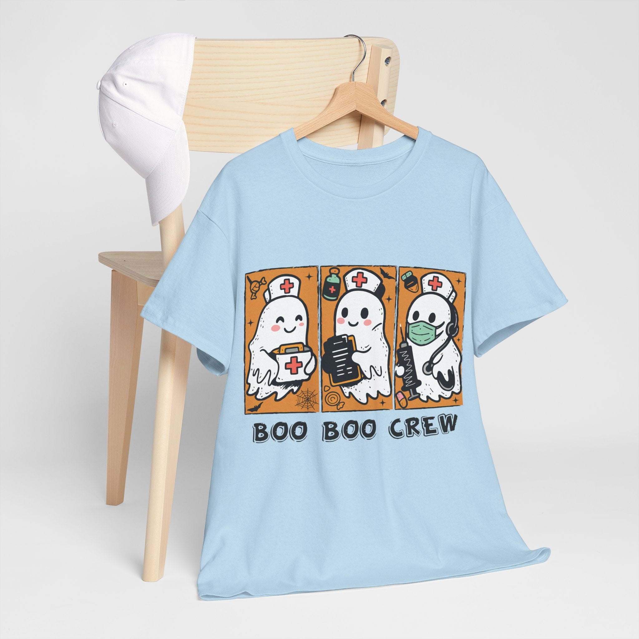 Halloween Nurse T-Shirt — Ghost Nurses Holding Medical Tools on Orange Unisec Cotton Tee