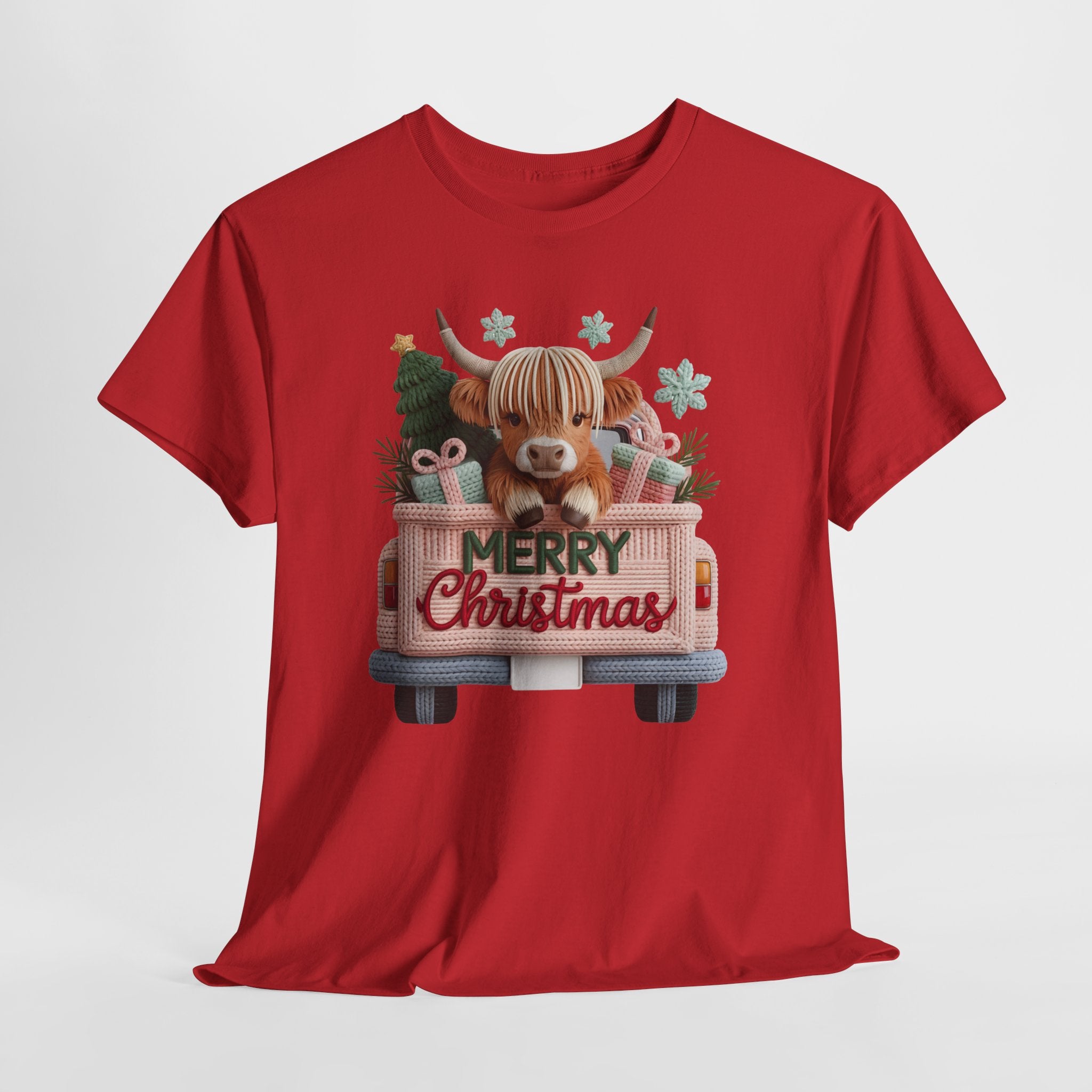 Merry Christmas Highland Cow Knit Truck Unisex Cotton T-Shirt