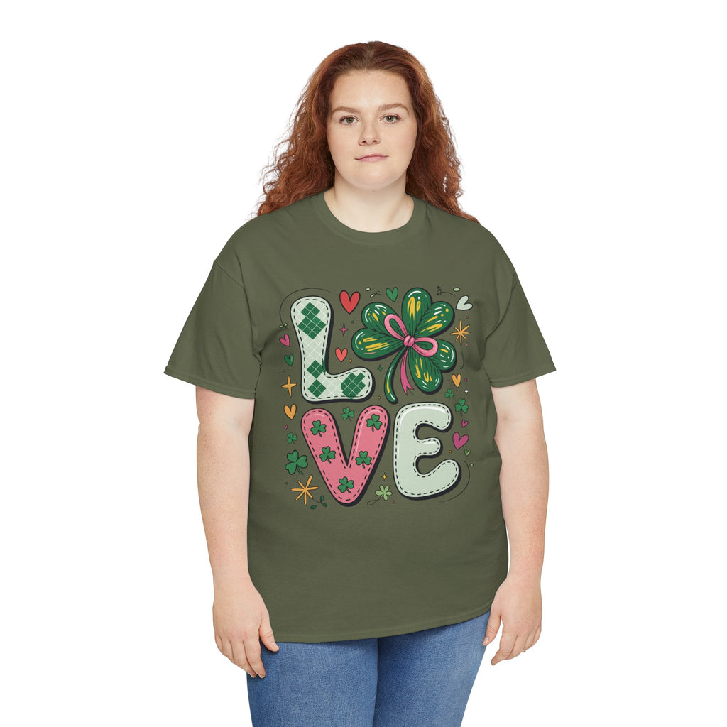 Stitched Clover 'LOVE' Tee — Heart & Patchwork St. Patrick's Unisex Cotton T-Shirt