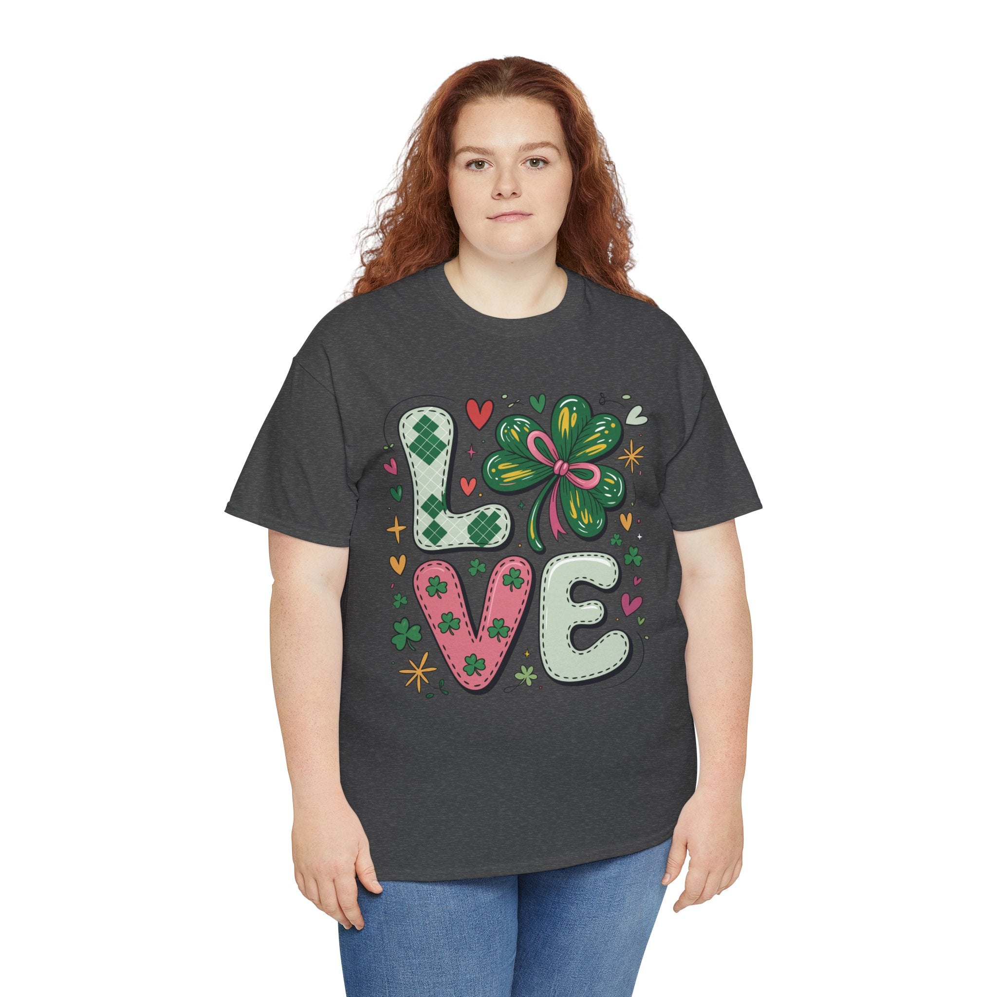 Stitched Clover 'LOVE' Tee — Heart & Patchwork St. Patrick's Unisex Cotton T-Shirt