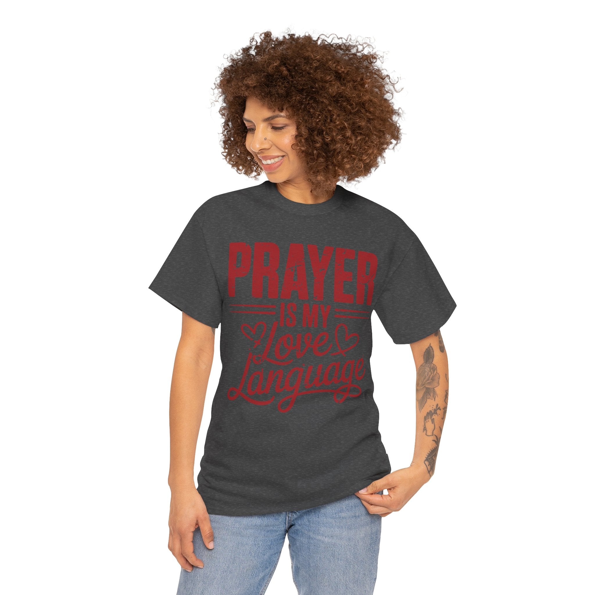 Prayer Is My Love Language T-Shirt — Faith-Inspired Red Hearts Unisex Cotton Tee