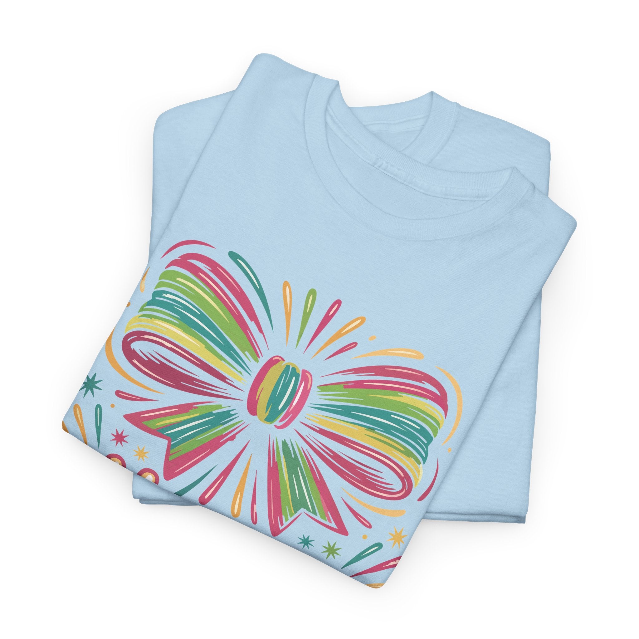 Happy New Year Pastel Tee — Rainbow Bow & Fireworks Celebration Unisex Cotton Tshirt