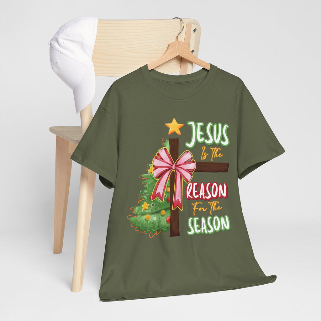 Jesus Is the Reason for the Season Christmas Tee — Cross with Pink Bow & Tree. Unisex Cotton Tee