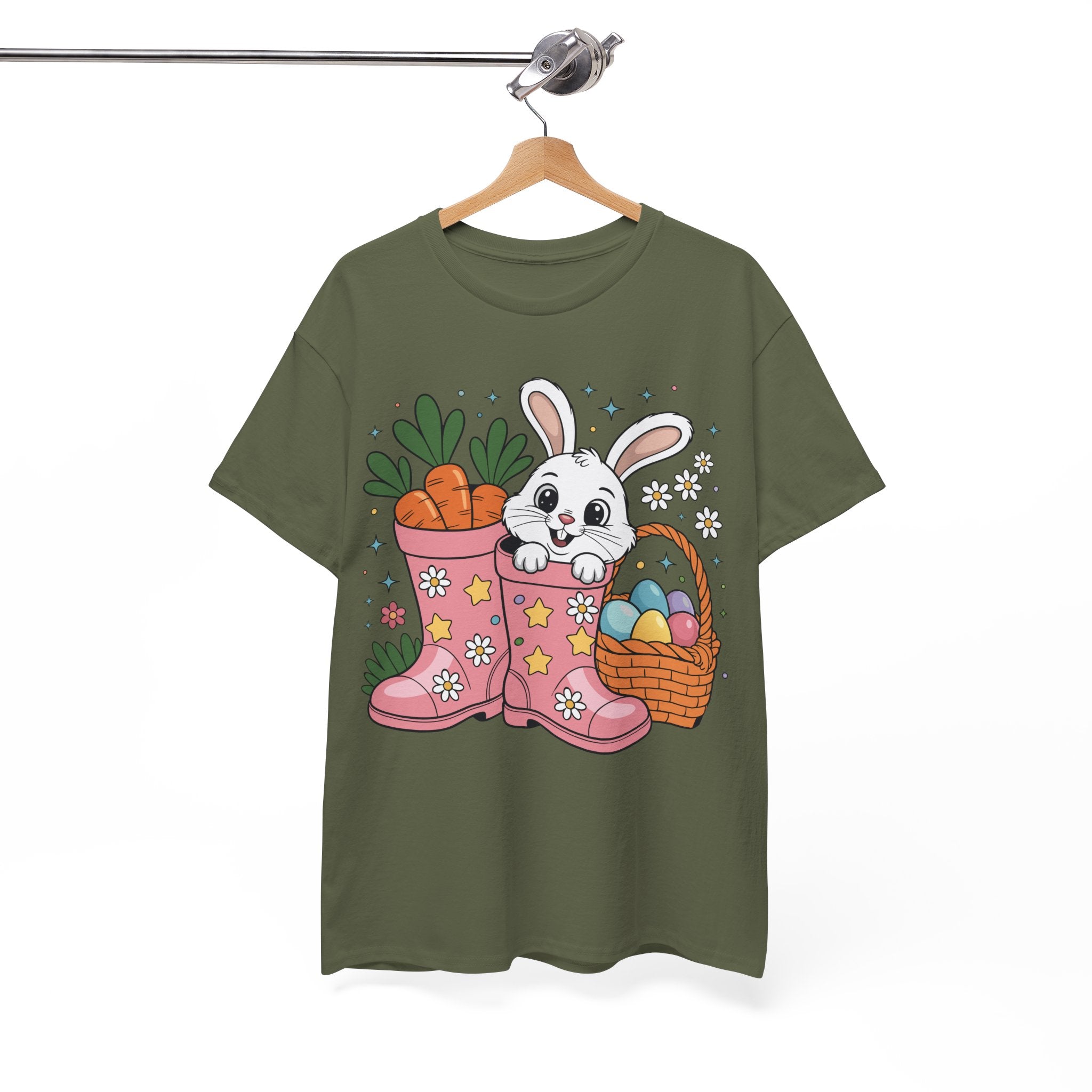Easter Bunny in Pink Rain Boots T-Shirt — Cartoon Bunny, Carrots & Colorful Eggs Unisex Cotton Tee