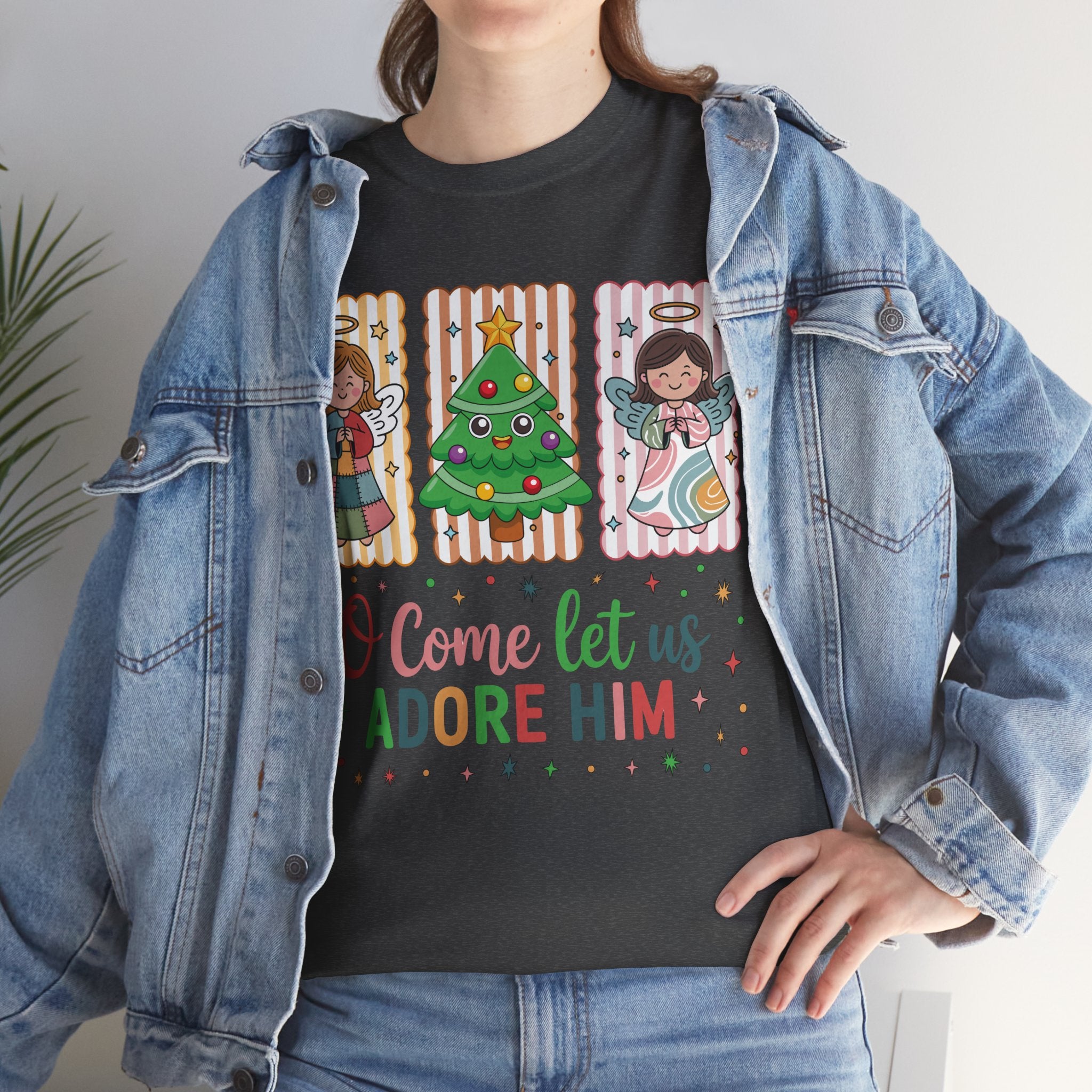 O Come Let Us Adore Him Christmas Tee — Smiling Angels & Happy Tree..Unisex Cotton Tee