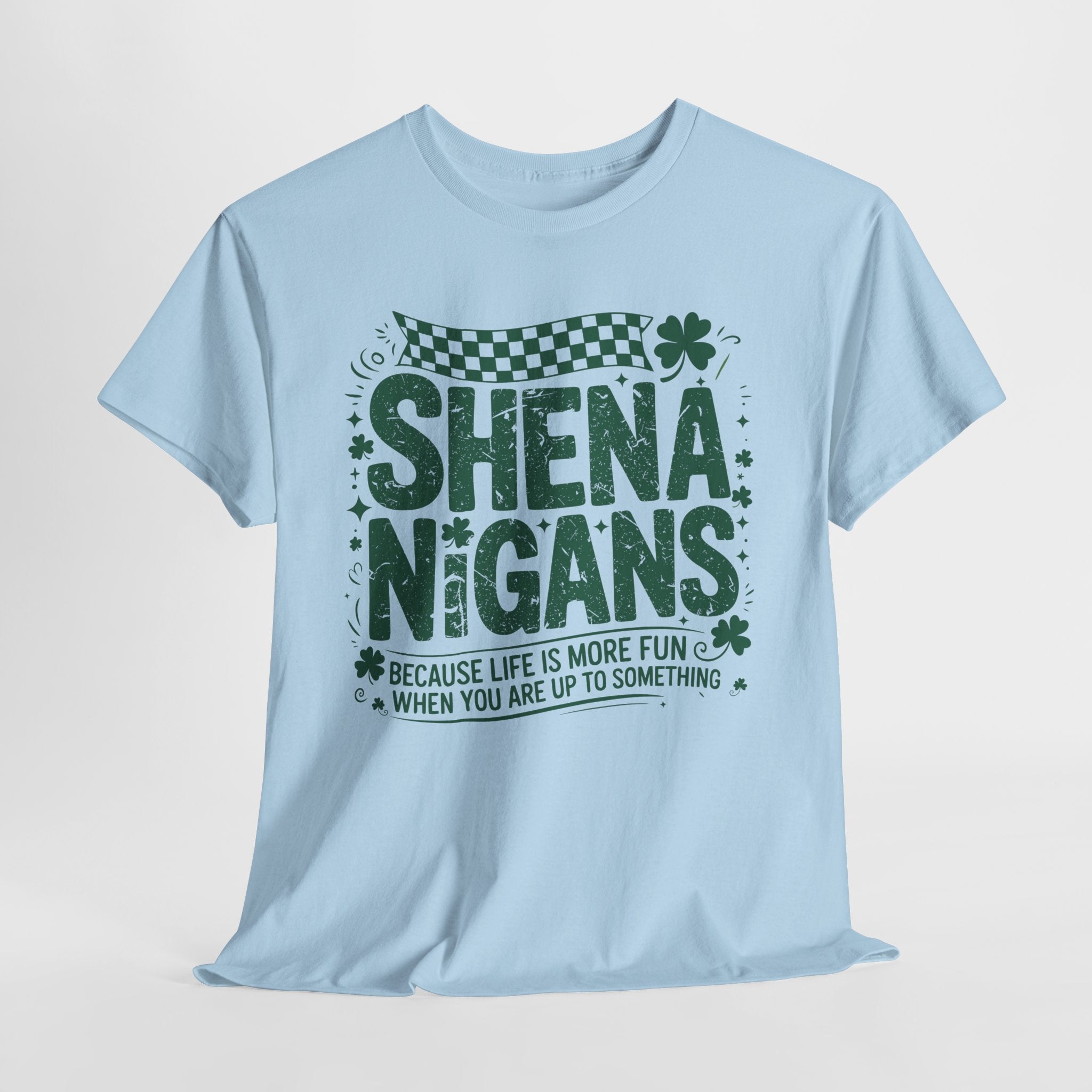 Shenanigans Clover Tee — Bright Green St. Patrick’s Day Shirt with Checkered Flag Unisex Cotton Tee