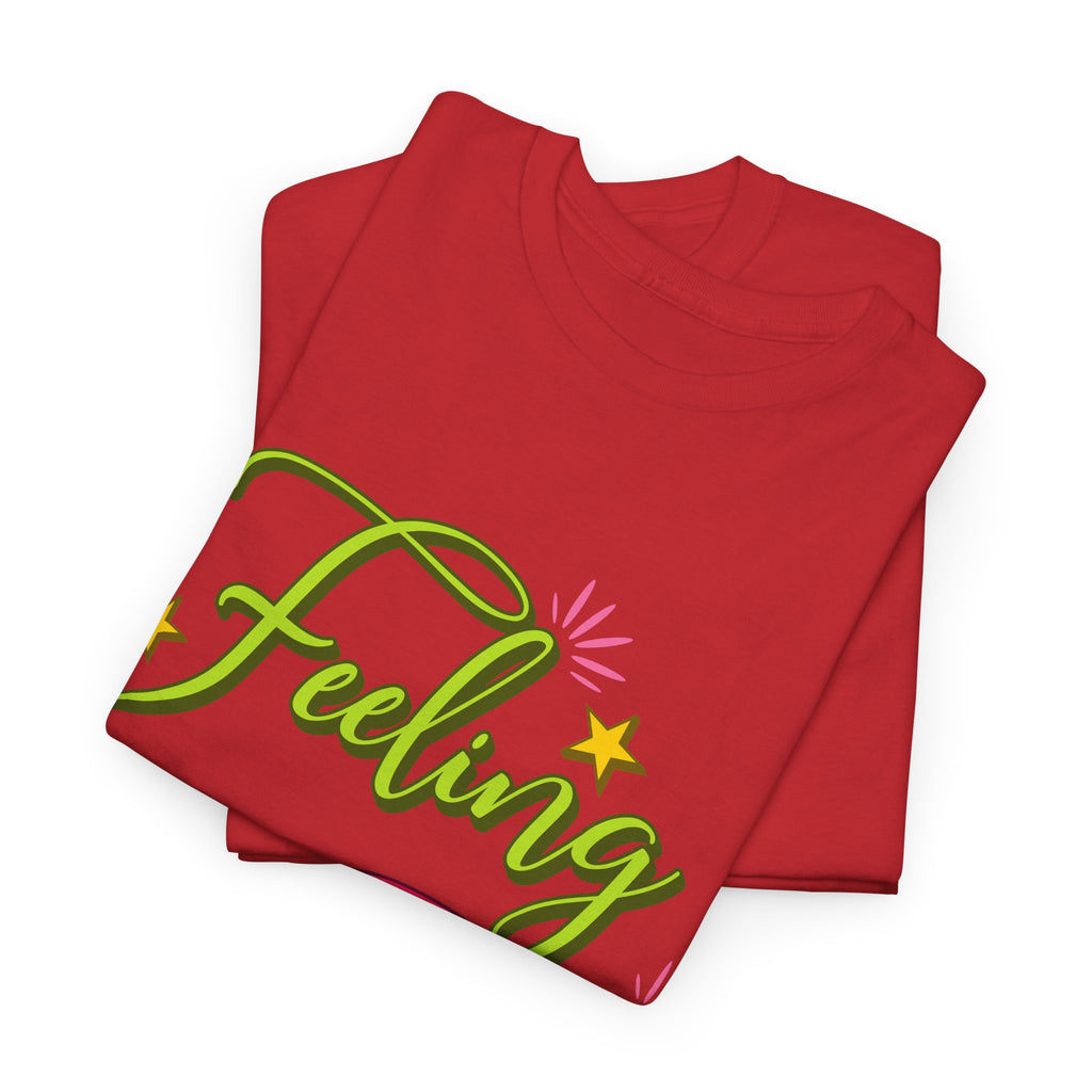 Feeling Jolly Tee — Festive Green & Pink Script with Yellow Stars Unisex Cotton Tee
