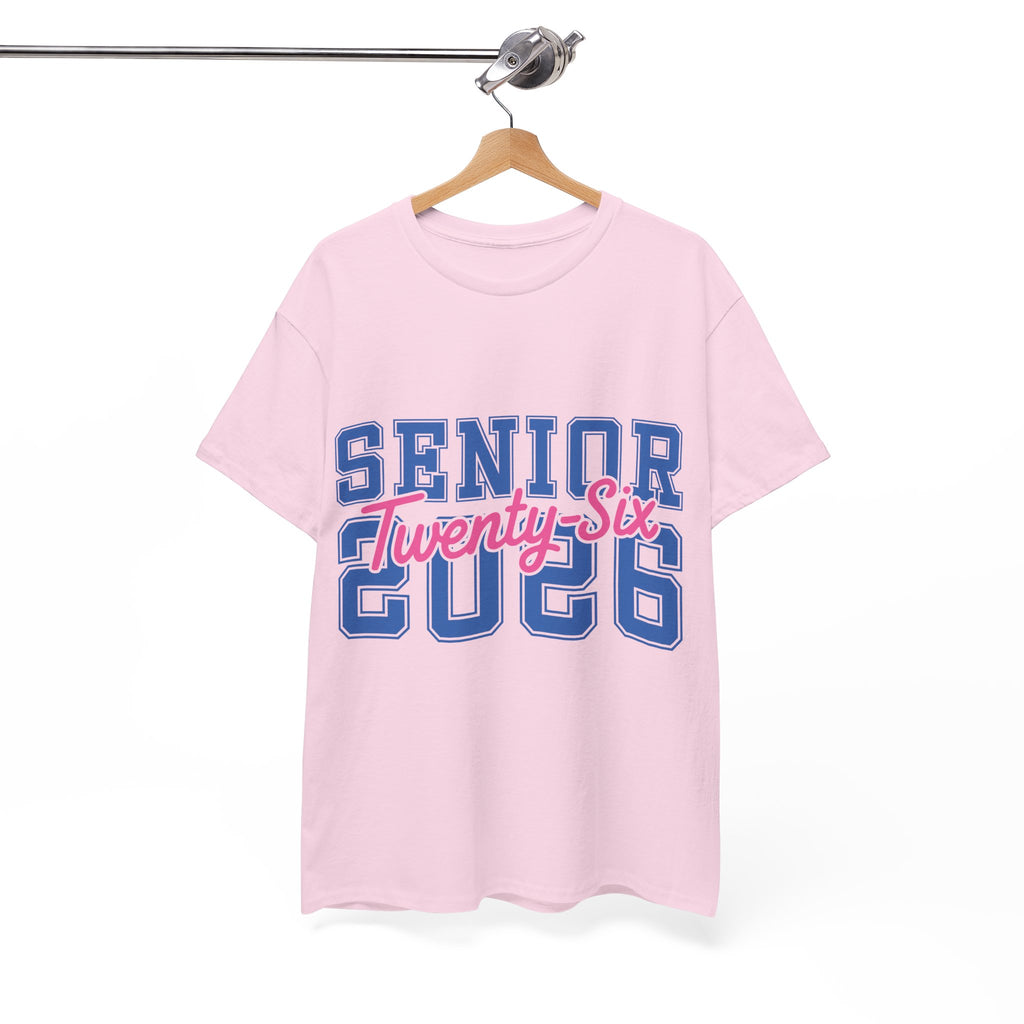 Senior 2026 Tee — Pink Varsity Block with Blue Script Overlay Unisex Cotton Tee