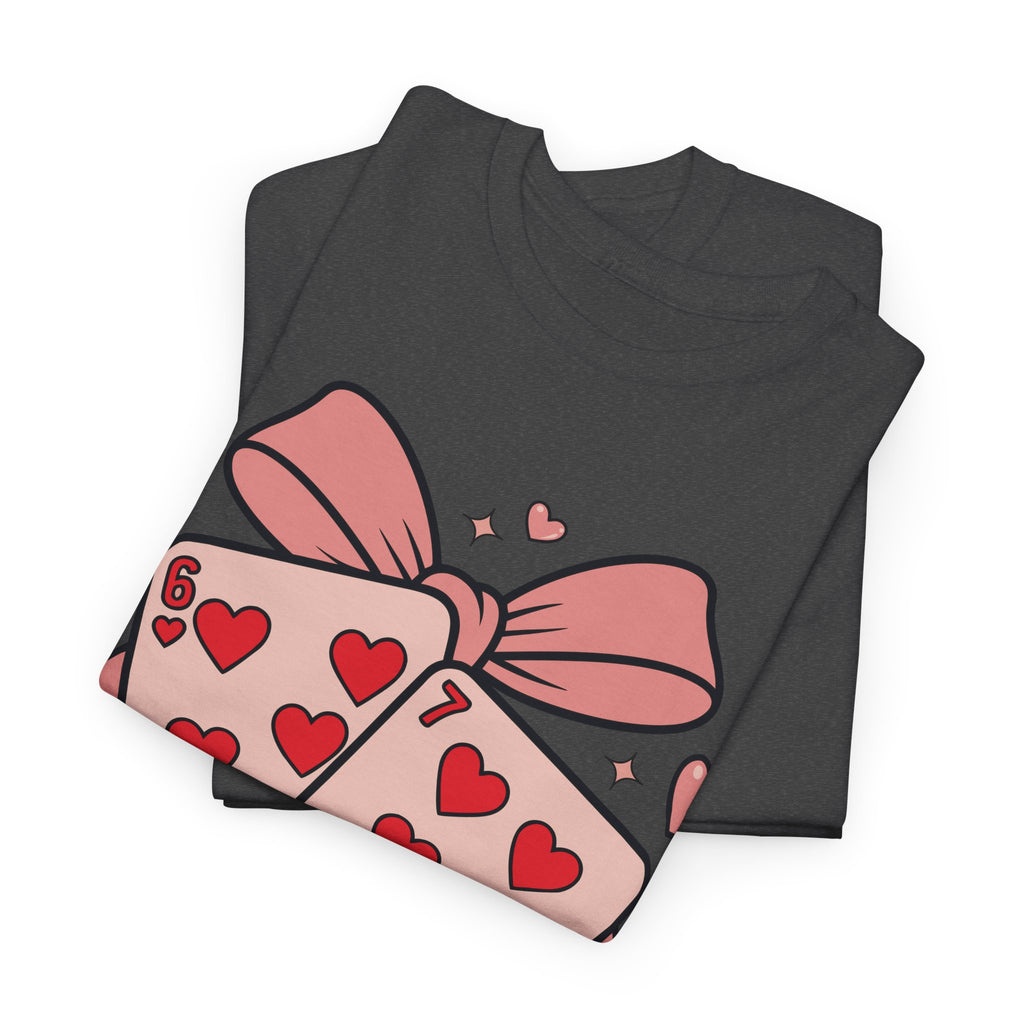 6 & 7 of Hearts T-Shirt — Paired Playing Cards with Pink Bow Unisex Cotton Tee