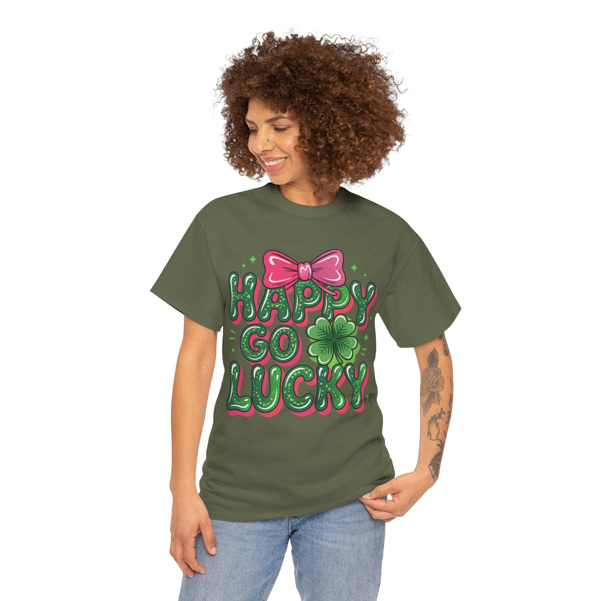 Happy Go Lucky Four-Leaf Clover Tee — Glossy Green Letters & Pink Bow Unisex Cotton Tee