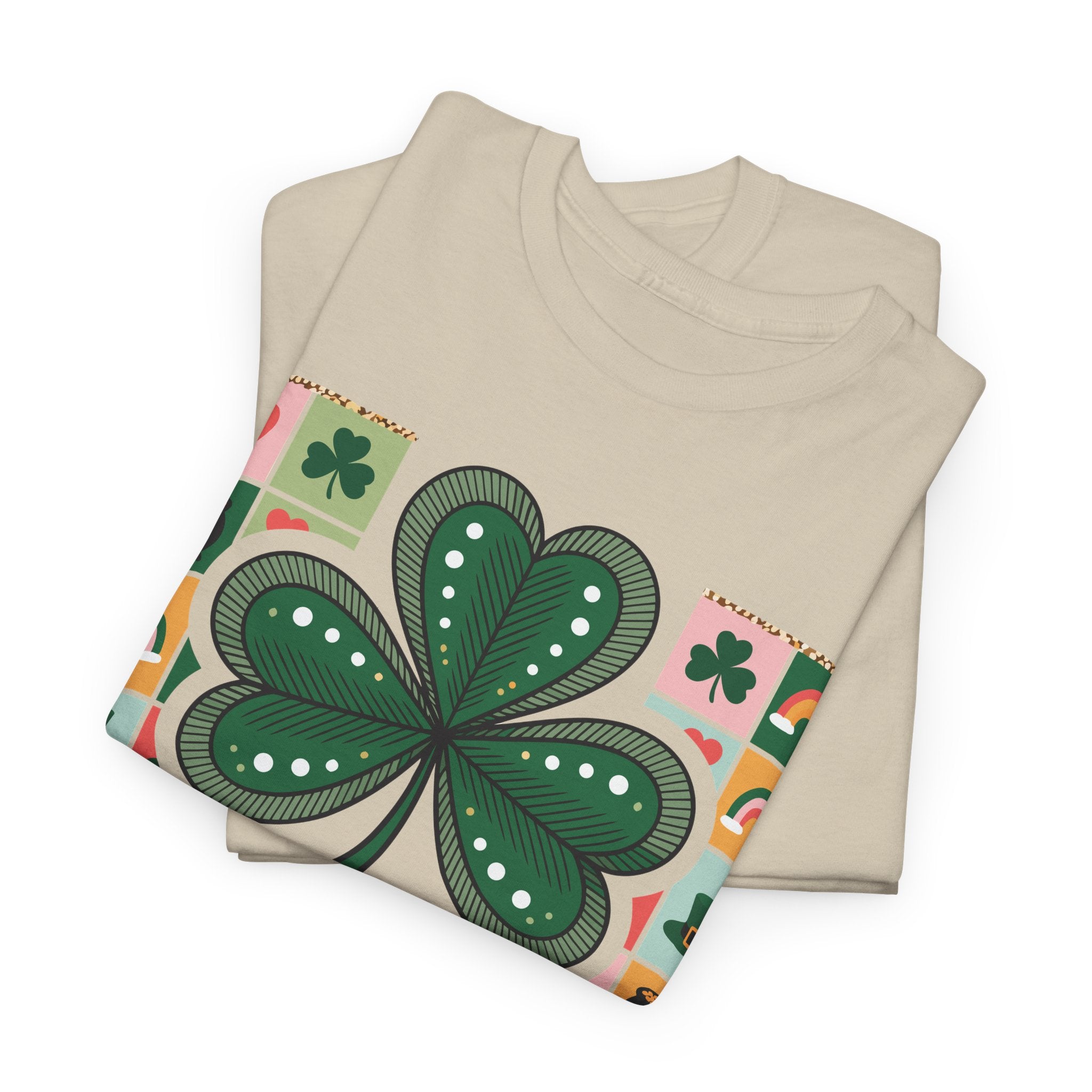 Lucky Charm & Cheer Clover Tee — Patchwork St. Patrick’s Day Unisex Cotton T-Shirt