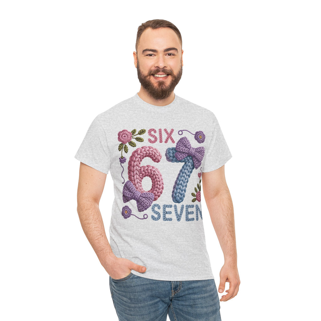 Pastel Crochet Numbers 6 & 7 Tee — Faux-Yarn Bows & Flowers. Unisex Cotton Tee