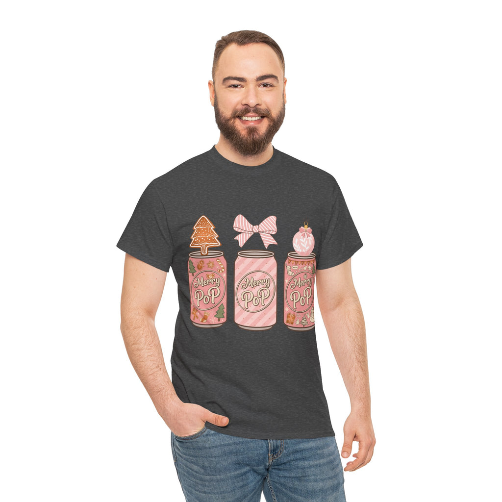 Merry Pop Christmas Soda Can Tee — Pastel Holiday Graphic Unisex Cotton T-Shirt