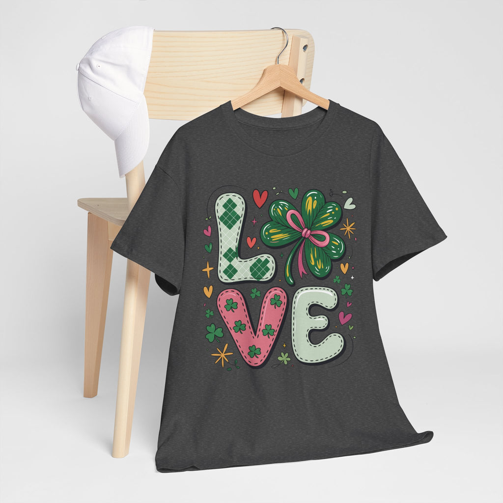 Stitched Clover 'LOVE' Tee — Heart & Patchwork St. Patrick's Unisex Cotton T-Shirt