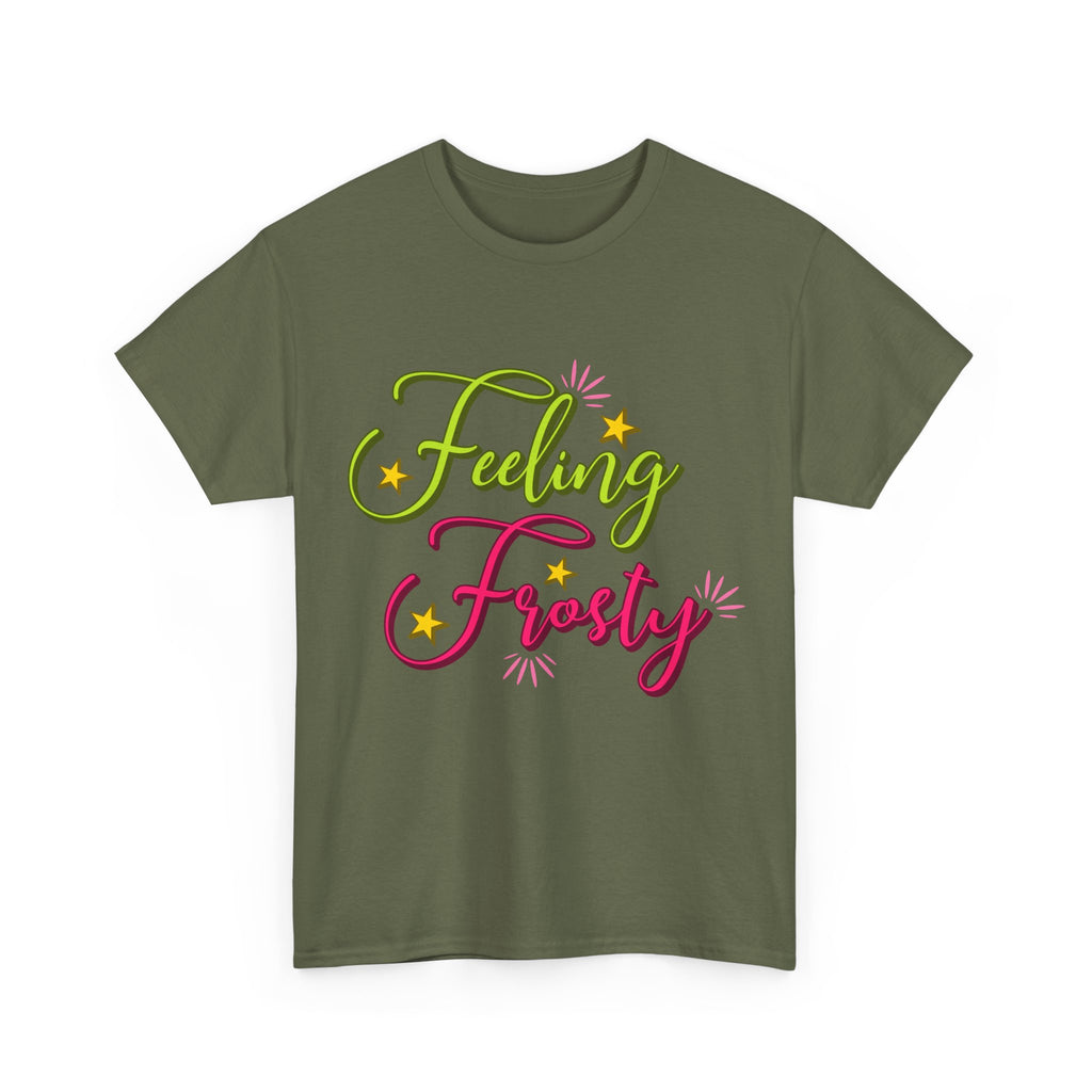 Feeling Frosty Holiday T-Shirt — Green & Pink Script Stars.Unisex Cotton Tee