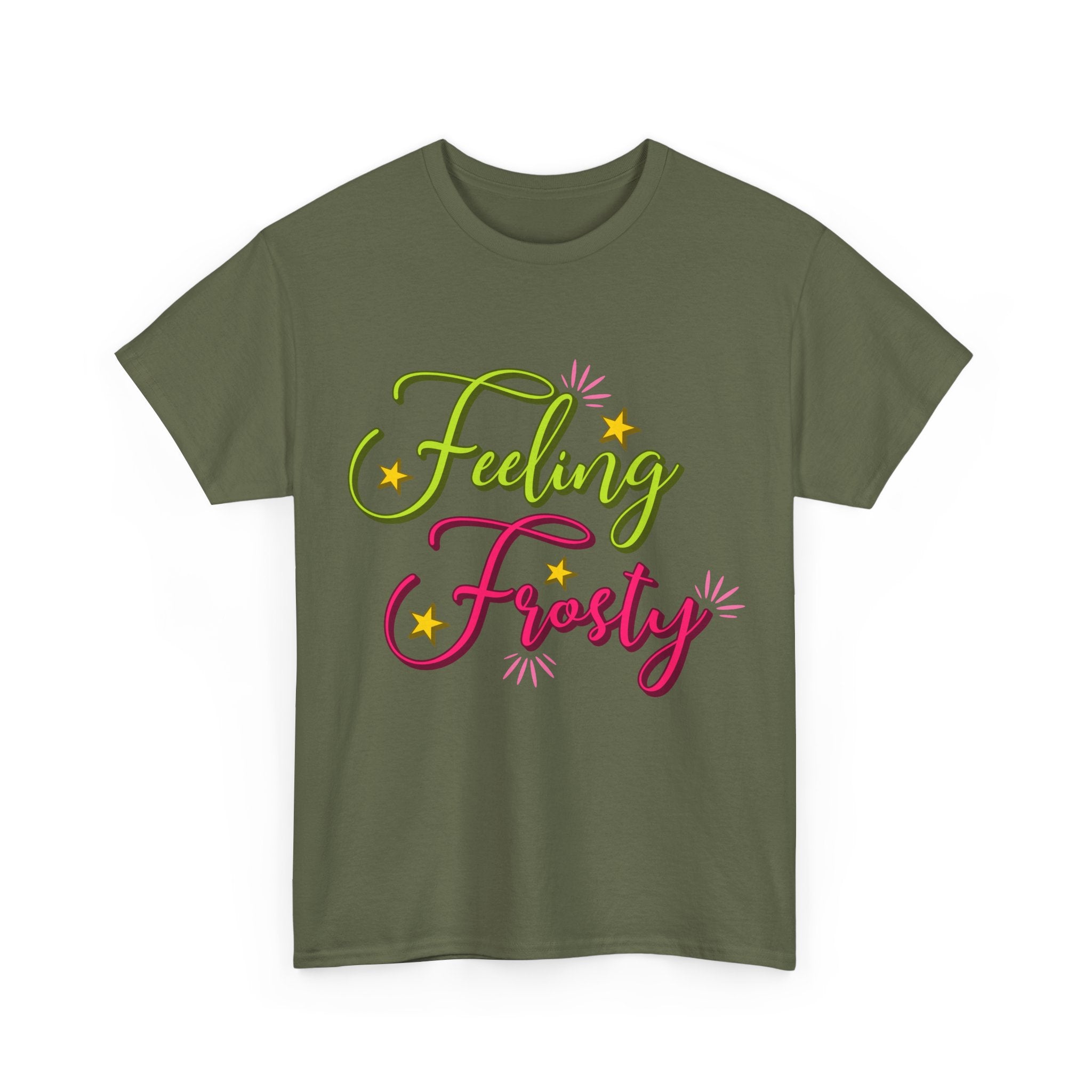 Feeling Frosty Holiday T-Shirt — Green & Pink Script Stars.Unisex Cotton Tee