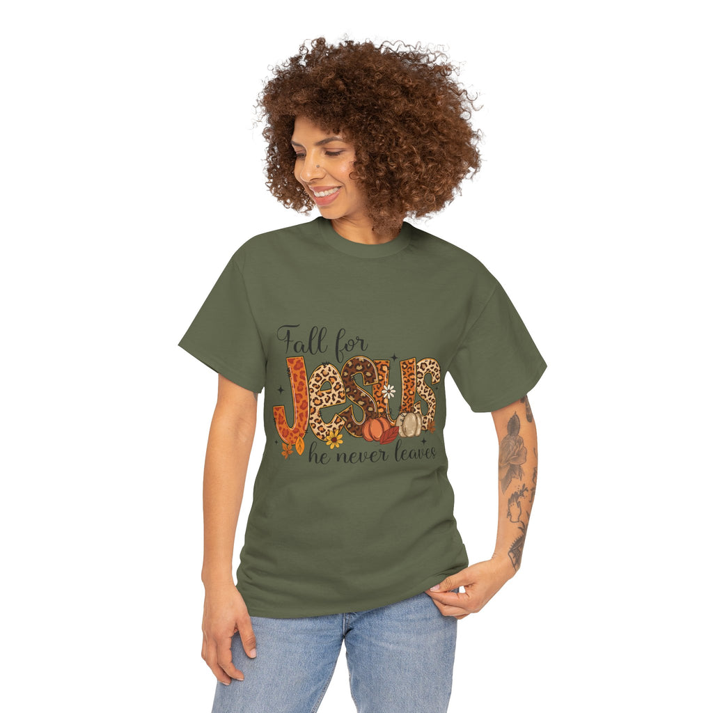 JESUS Leopard Print Fall T-Shirt — Pumpkins, Leaves & Floral Christian Unisex Cotton Tee
