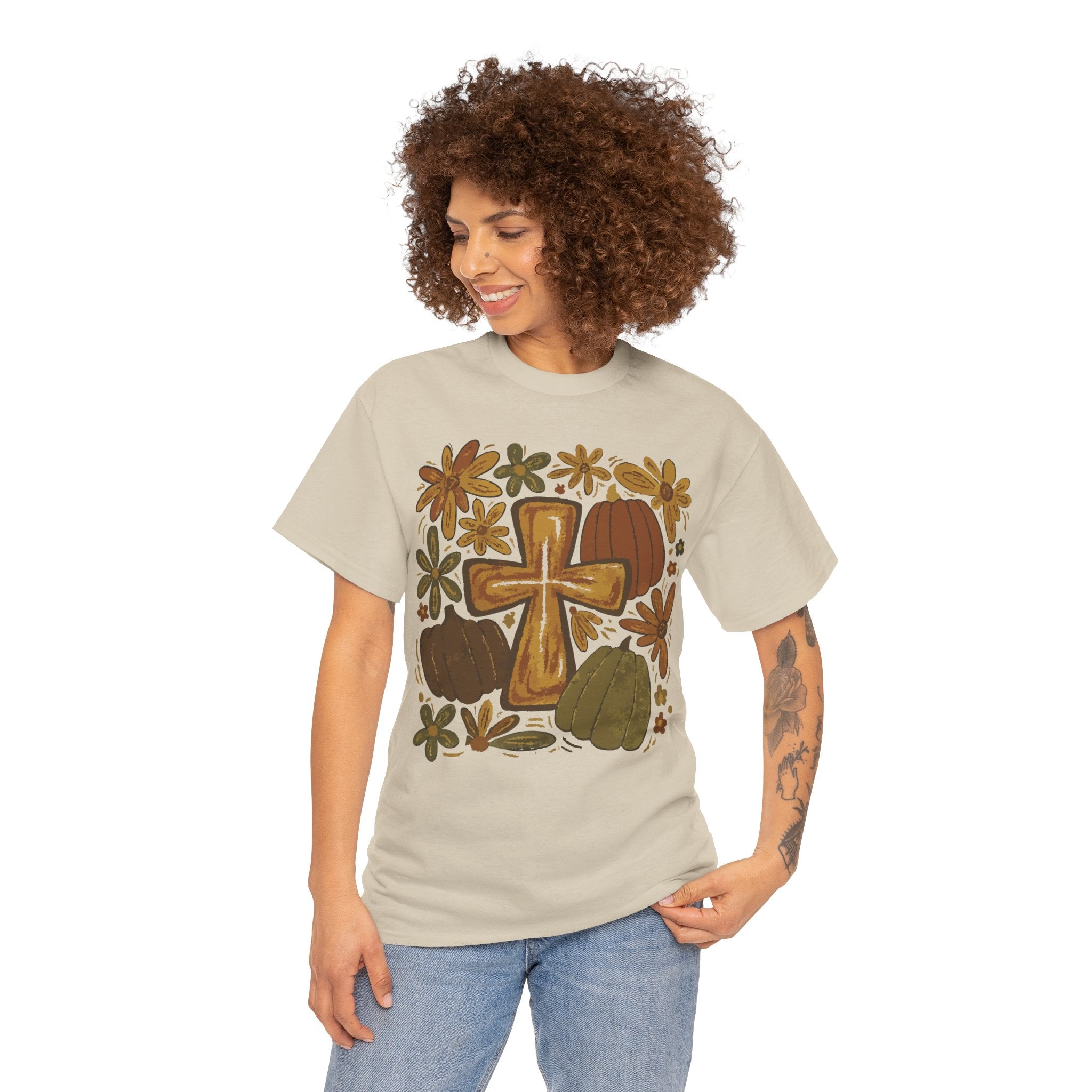 Autumn Cross Tee — Rustic Pumpkin & Fall Floral Christian Unisaex Cotton T-Shirt