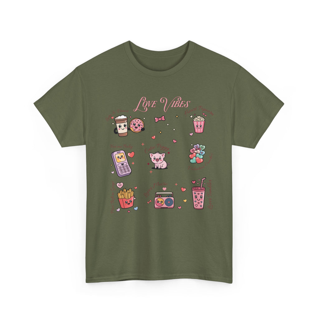 Love Vibes Kawaii Valentine T-Shirt — Cute Donut, Coffee & Piglet Design Unisex Cotton Tee