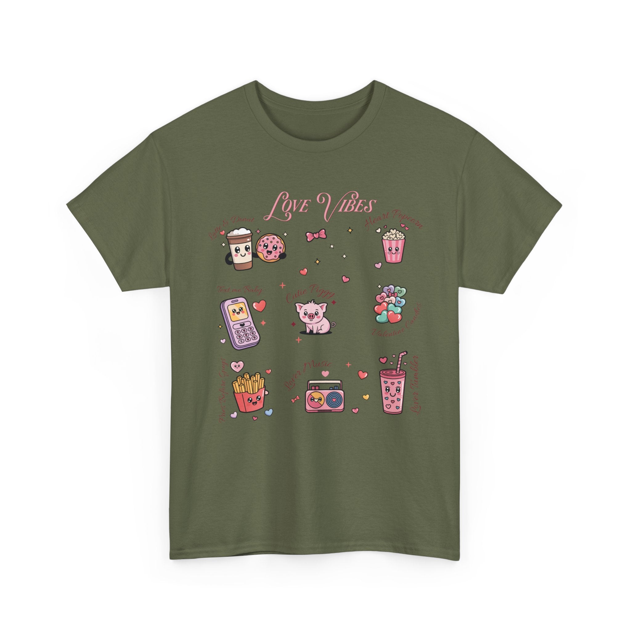 Love Vibes Kawaii Valentine T-Shirt — Cute Donut, Coffee & Piglet Design Unisex Cotton Tee