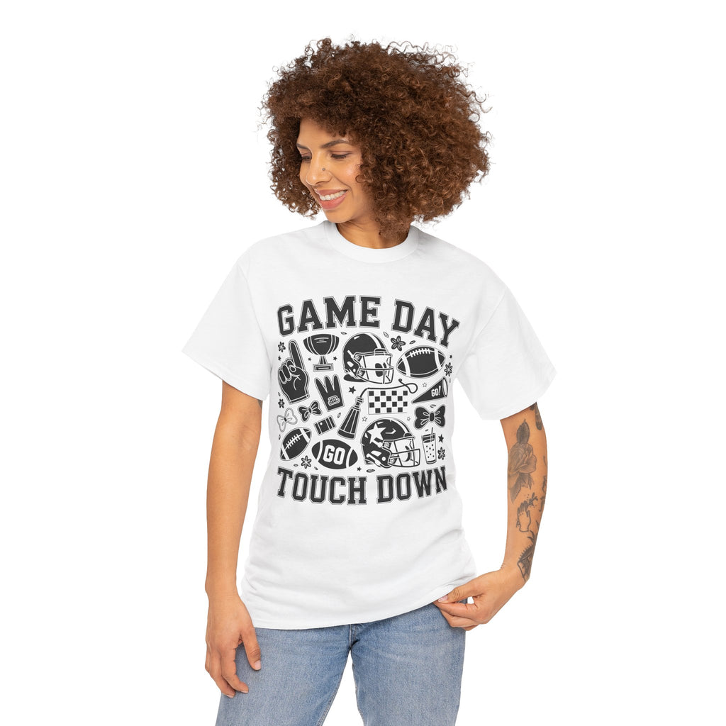 Game Day Touch Down Football T‑Shirt — Helmet & Cheer Monochrome Design Unisex Cotton Tee
