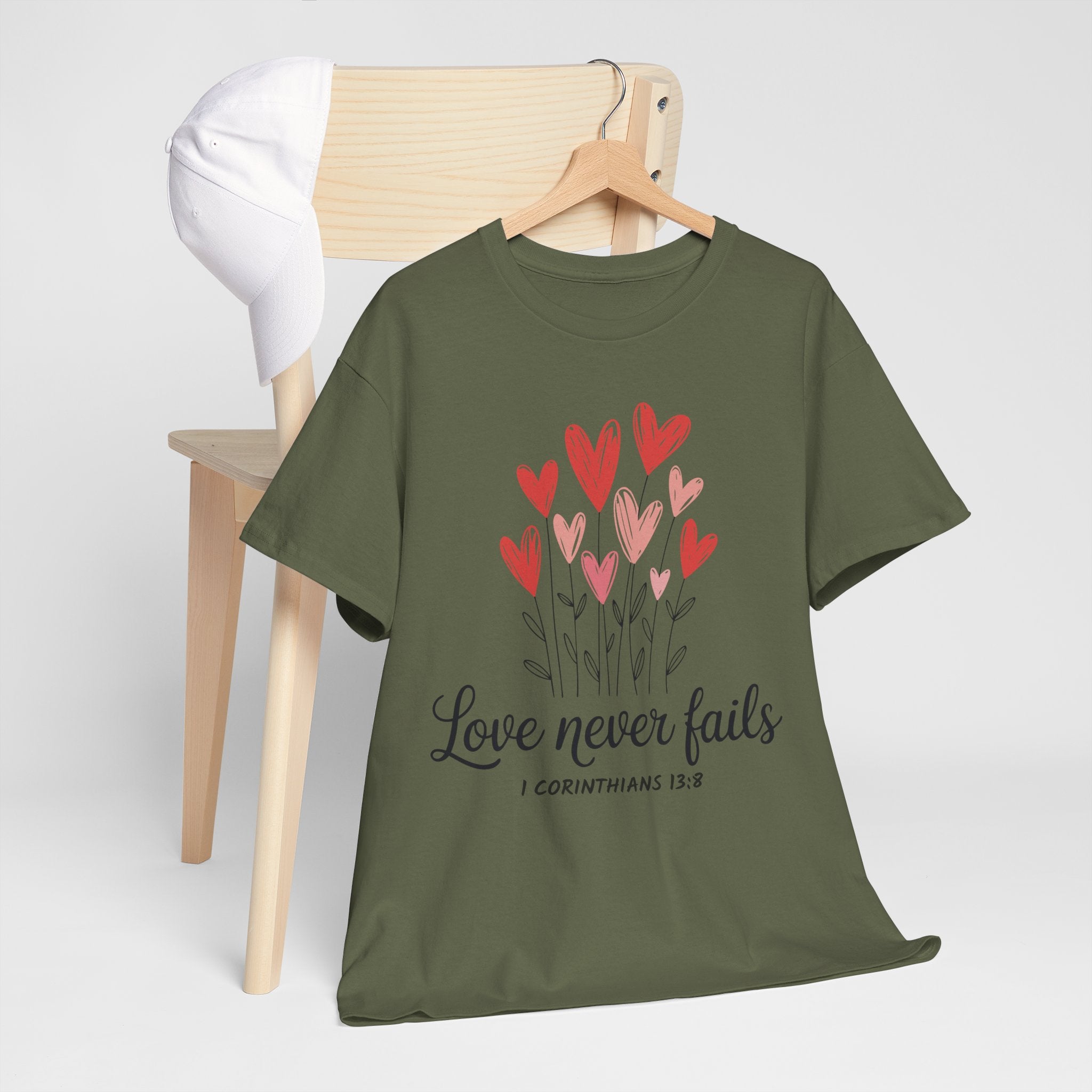 Christian Valentine T-Shirt — "Love Never Fails" (1 Corinthians 13:8) Unisex Cotton Tee
