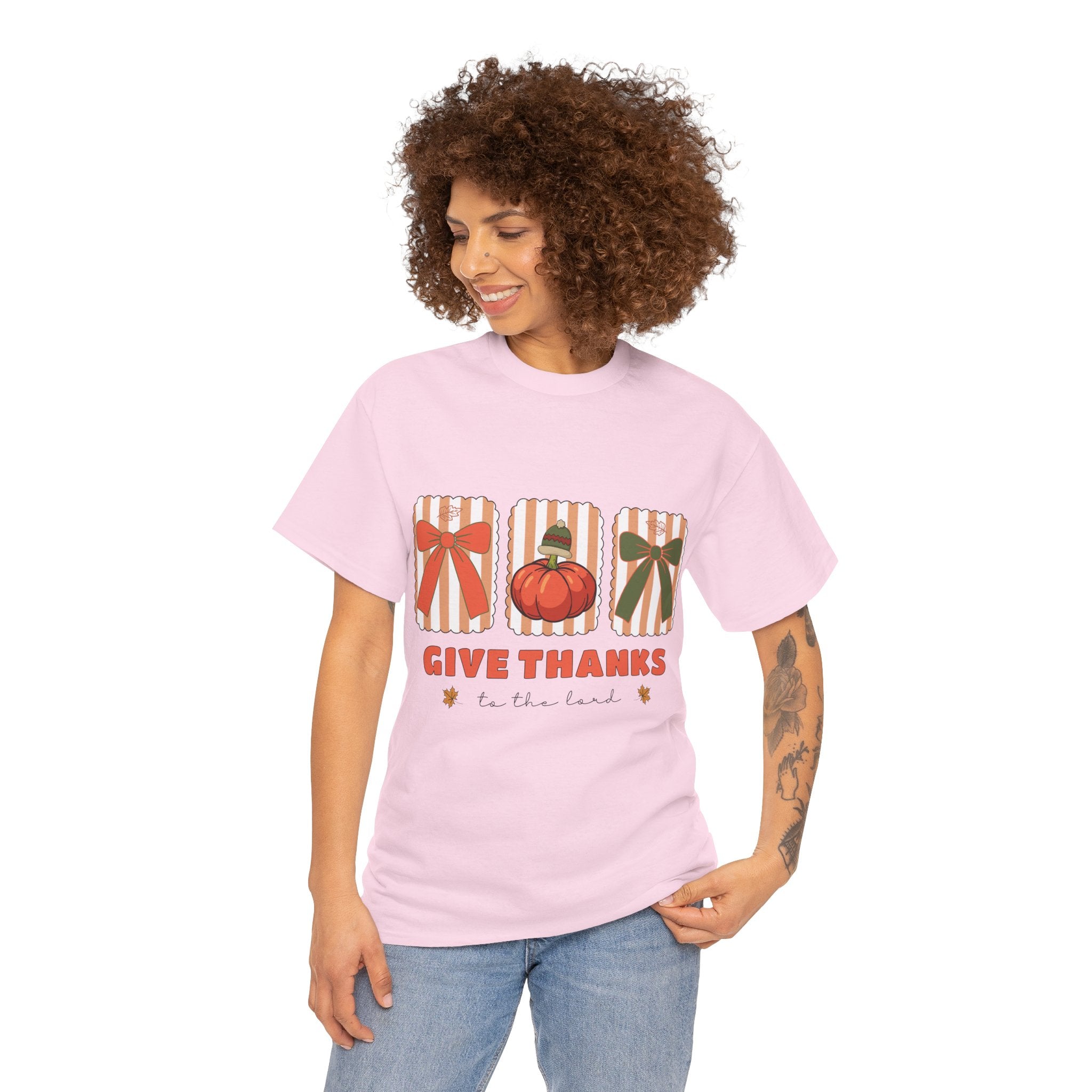 Give Thanks Thanksgiving T-Shirt — Pumpkin with Hat & Bows Unisex Cotton Tee
