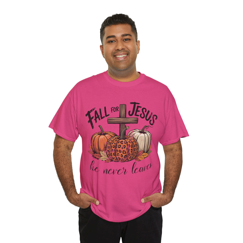 Fall for Jesus Pumpkin Cross Tee — "He Never Leaves" Autumn Christian Unisex Cotton T-Shirt