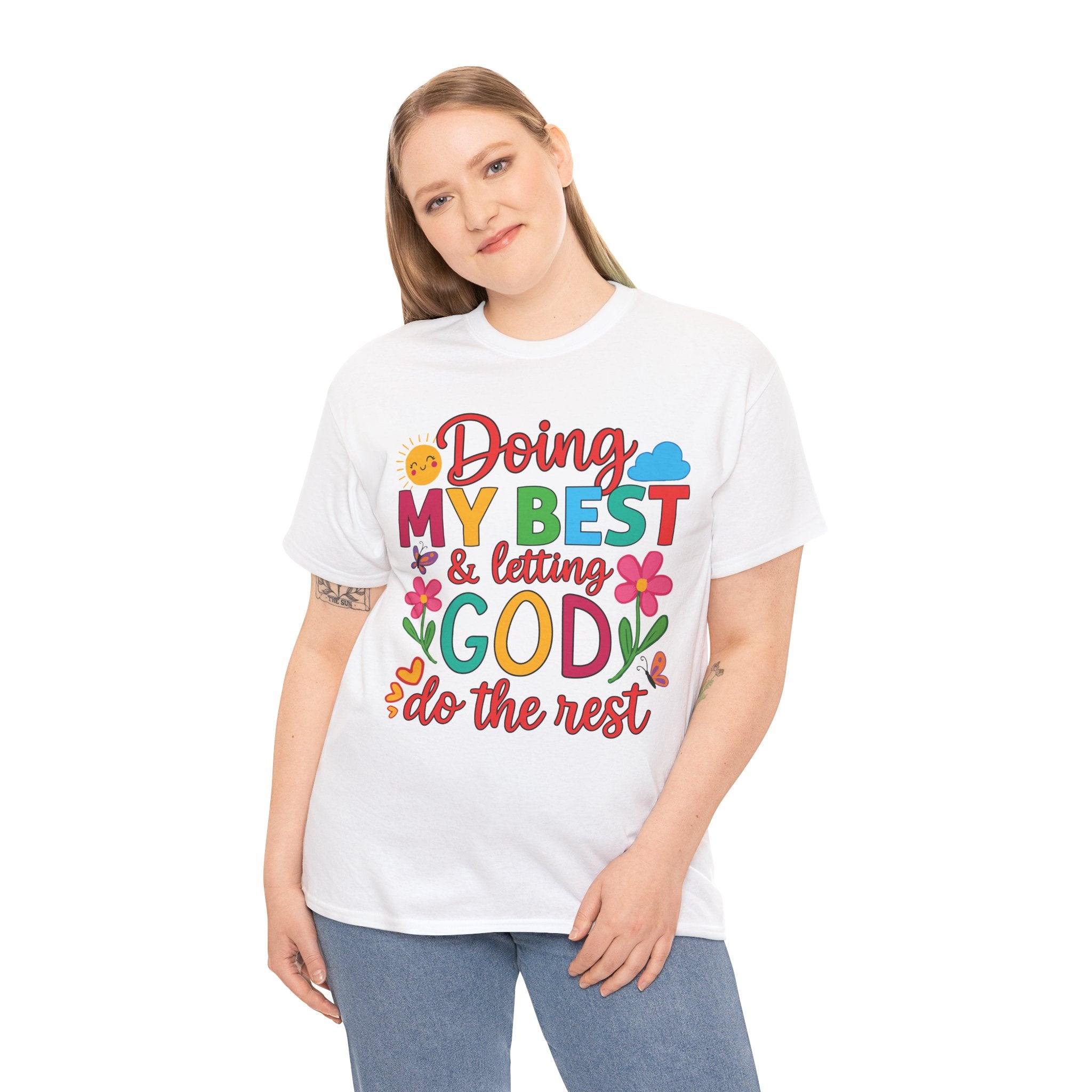 Doing My Best & Letting God Do The Rest T-Shirt — Floral Sun & Butterflies Inspirational Unisex Cotton Tee