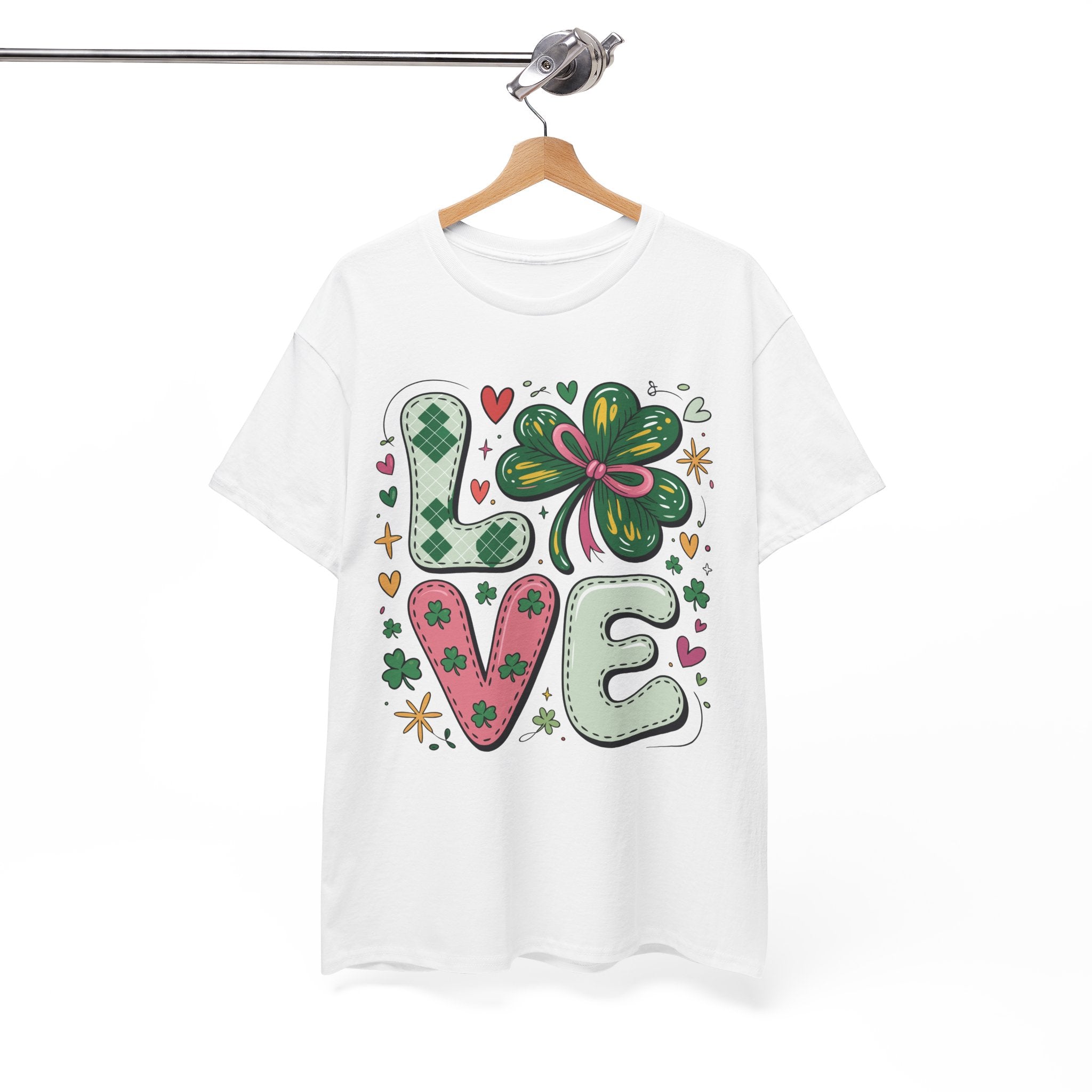 Stitched Clover 'LOVE' Tee — Heart & Patchwork St. Patrick's Unisex Cotton T-Shirt