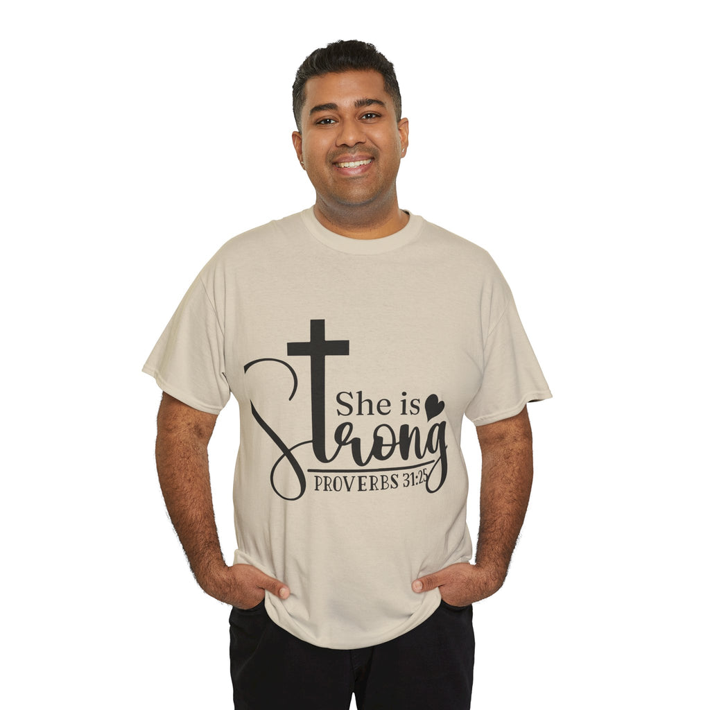 Proverbs 31:25 'She is Strong' T-Shirt – Christian Cross & Heart Unisex Cotton Tee