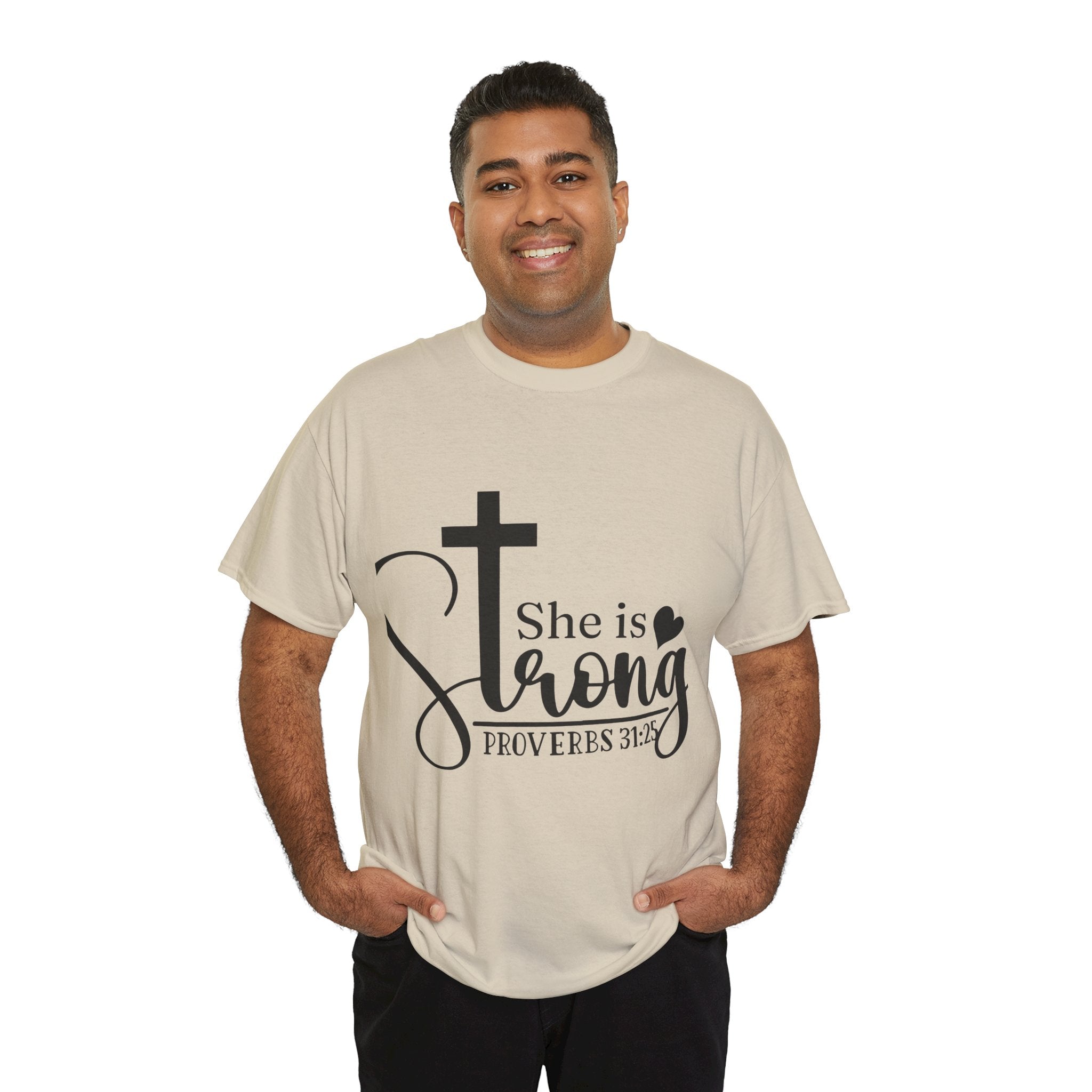 Proverbs 31:25 'She is Strong' T-Shirt – Christian Cross & Heart Unisex Cotton Tee