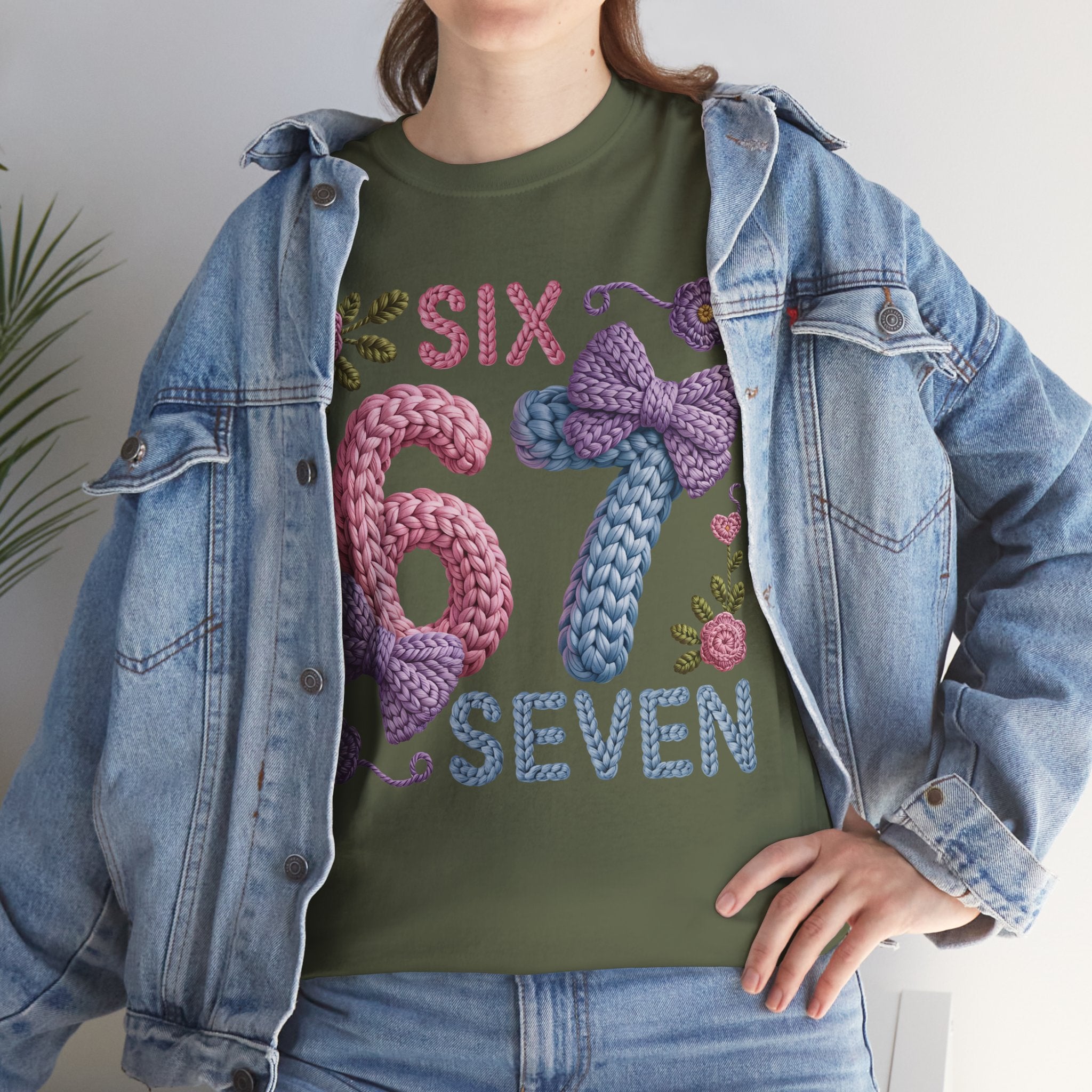 Pastel Crochet Numbers 6 & 7 Tee — Faux-Yarn Bows & Flowers. Unisex Cotton Tee