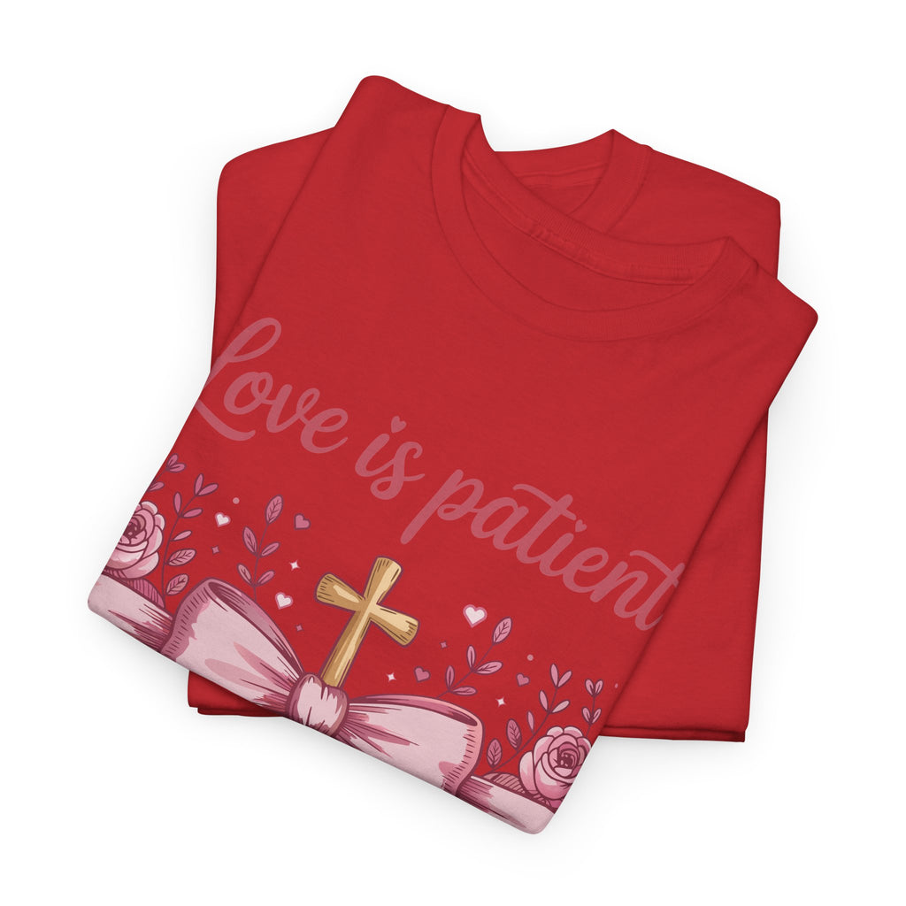 Christian Floral Tee — "Love is Patient, Love is Kind" Pink Rose Cross. Unisex Cotton Tee