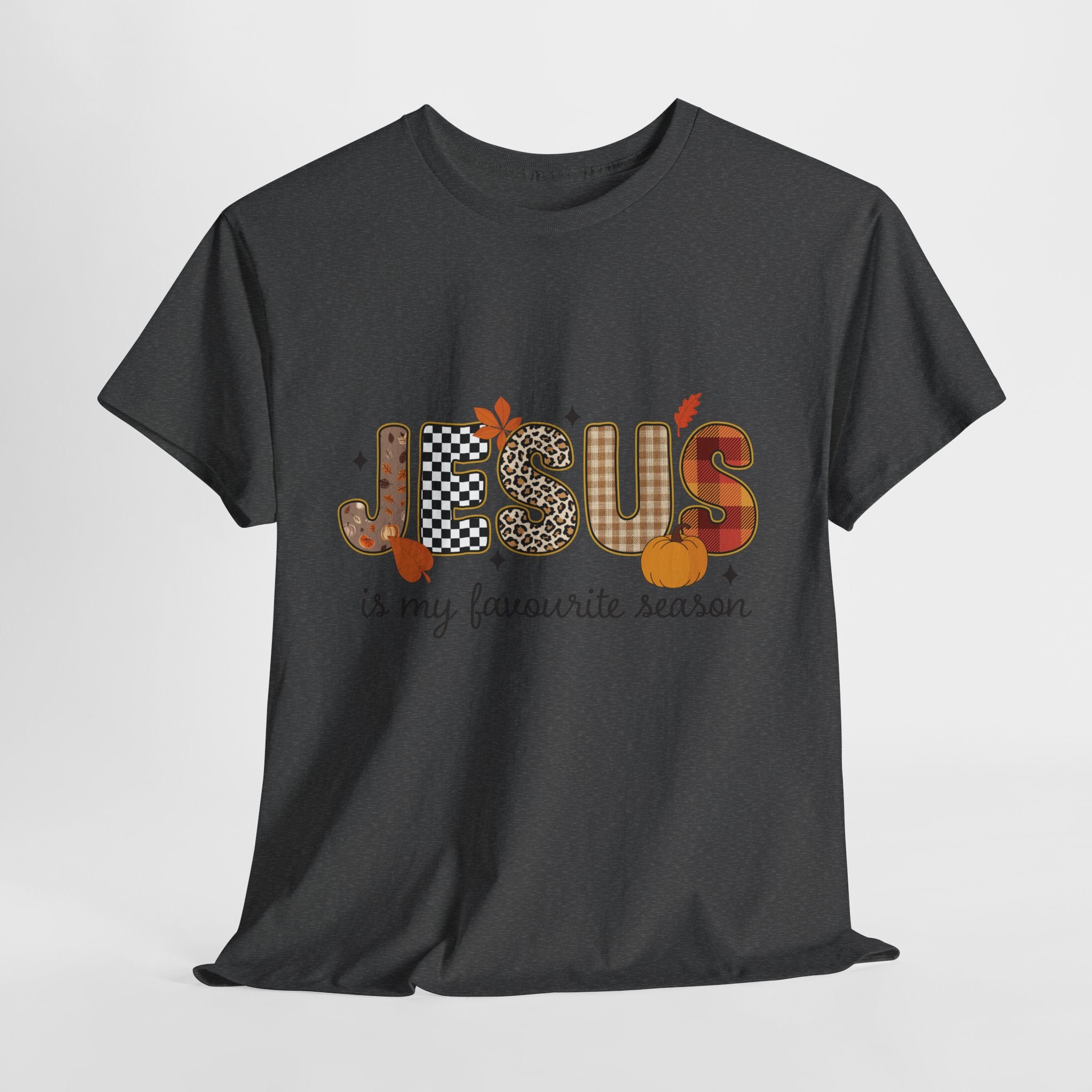 Jesus Is My Favorite Season Tee — Autumn Plaid & Leopard Lettering Unisex Cotton Tee