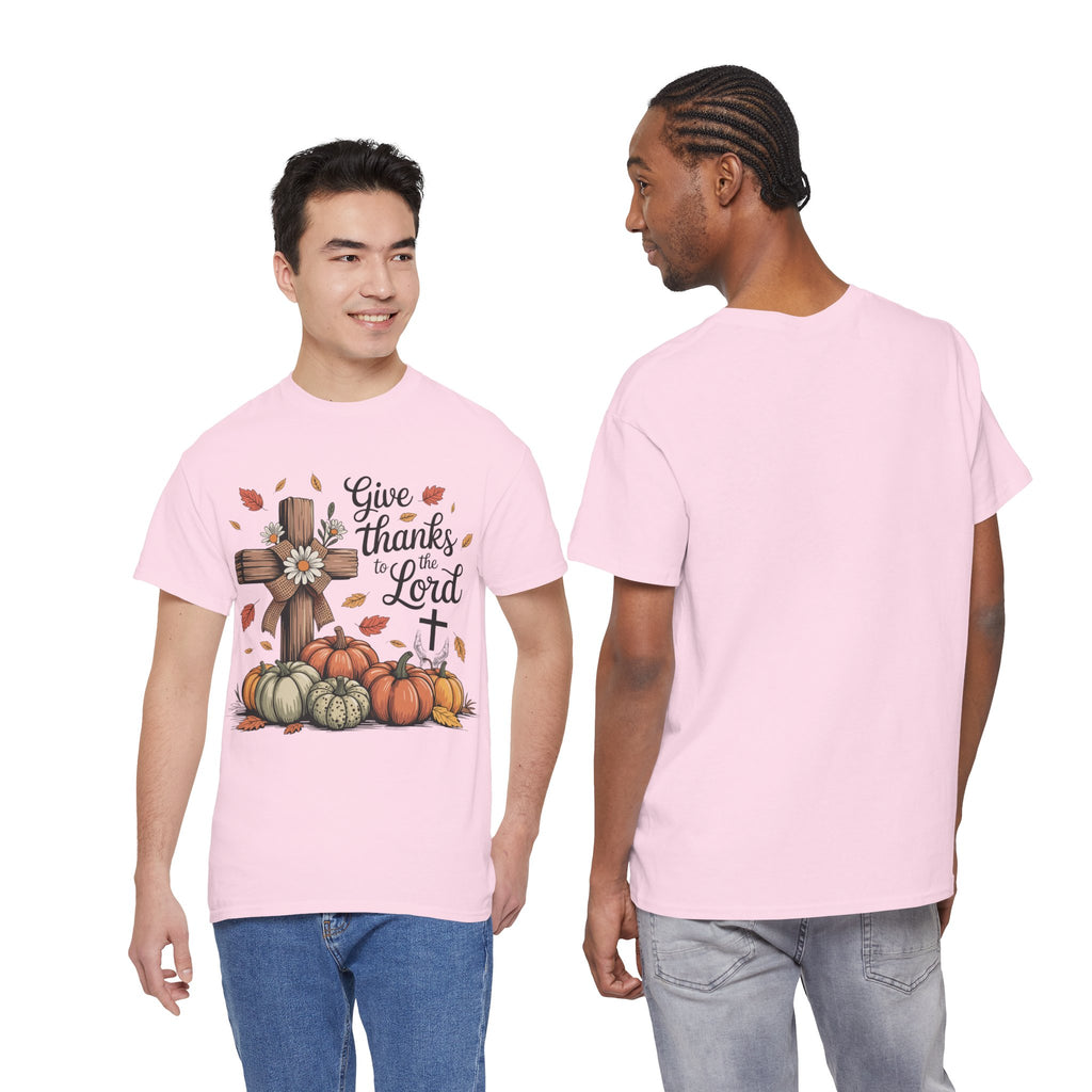 Give Thanks to the Lord Autumn Tee — Wooden Cross, Pumpkins & Daisies..Unisex Cotton Tee